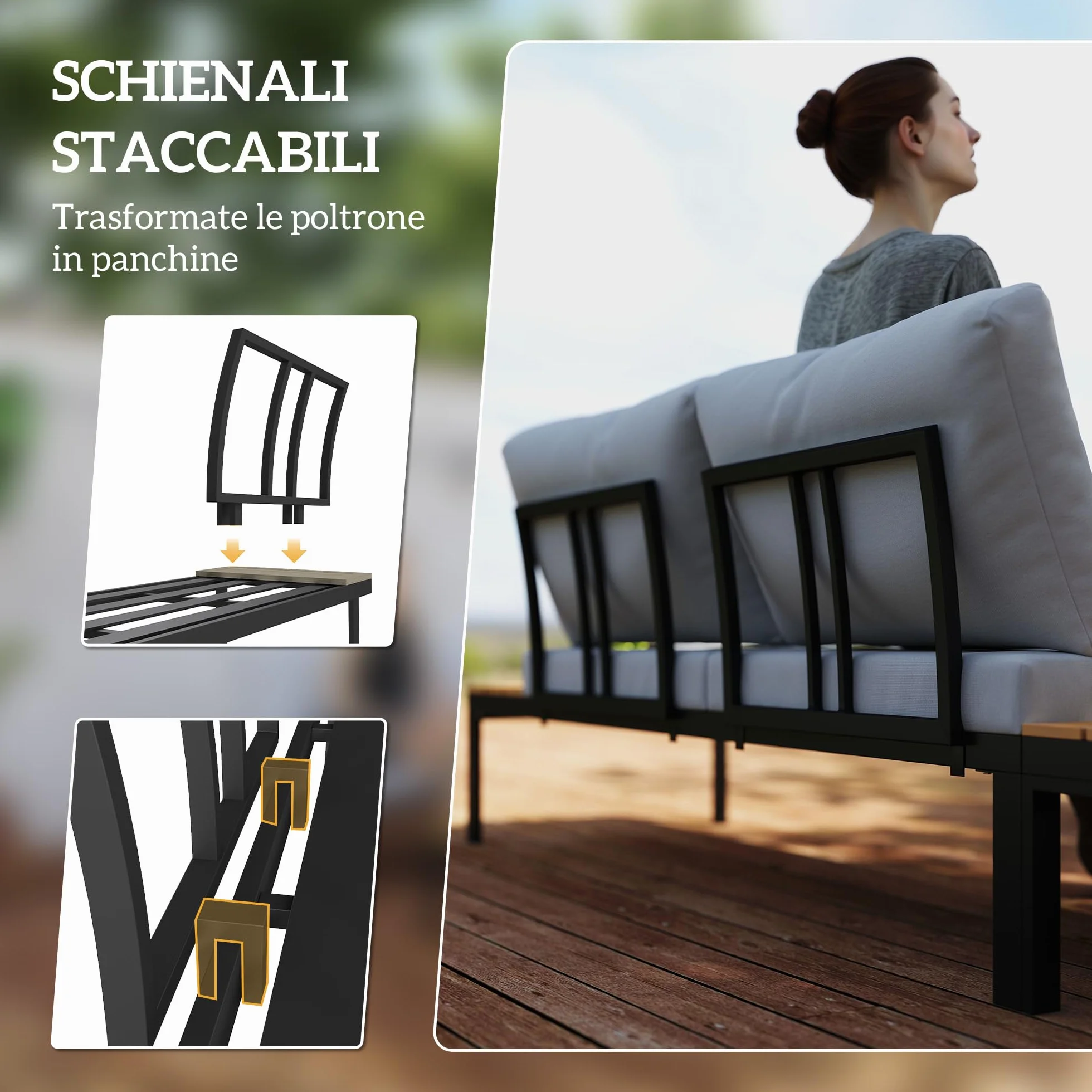Outsunny Set Salotto da Giardino 4 Pezzi, 2 Divanetto 2 Posti, 2 Tavolini Caffè Quadrati, Legno e Cuscini Sfoderabili, Metallo e Legno Composito, Teak