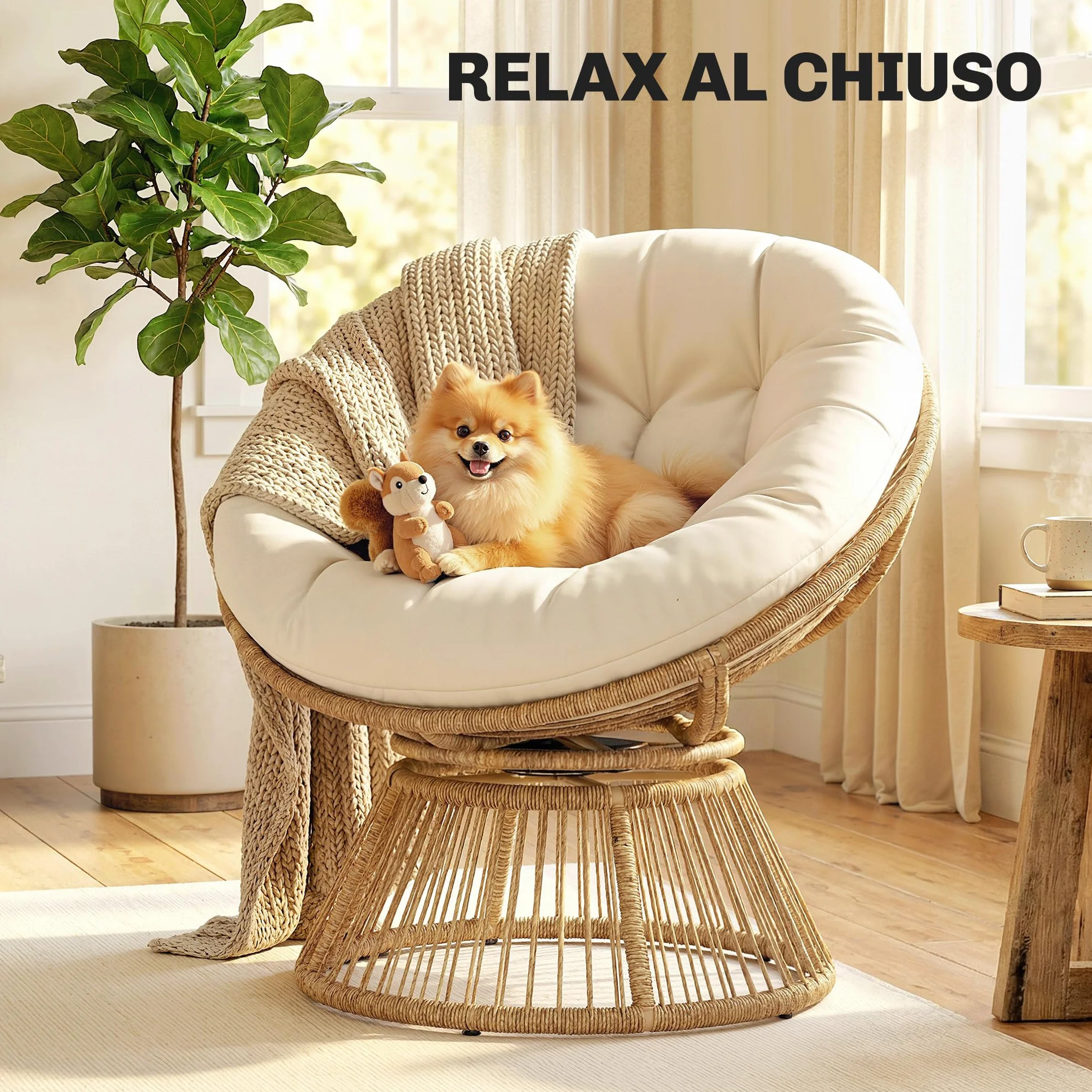 Outsunny Poltrona Papasan in Rattan Girevole a 360°, Poltrona da Giardino Girevole con Cuscino Oversize da 110 cm e Struttura in Acciaio, per Interni ed Esterni, Bianco Crema