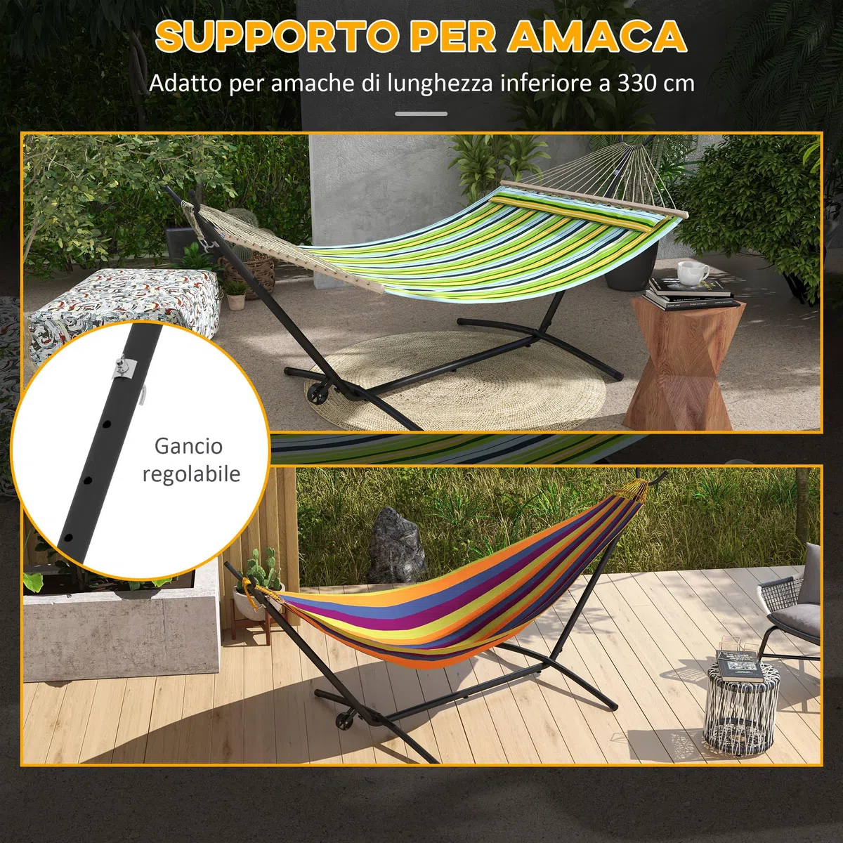 Outsunny Supporto per Amaca da 330 cm Max con 6 Fori e Rotelle, Sostegno per Amaca in Metallo con Borsa da Trasporto, 290x120x115 cm, Nero