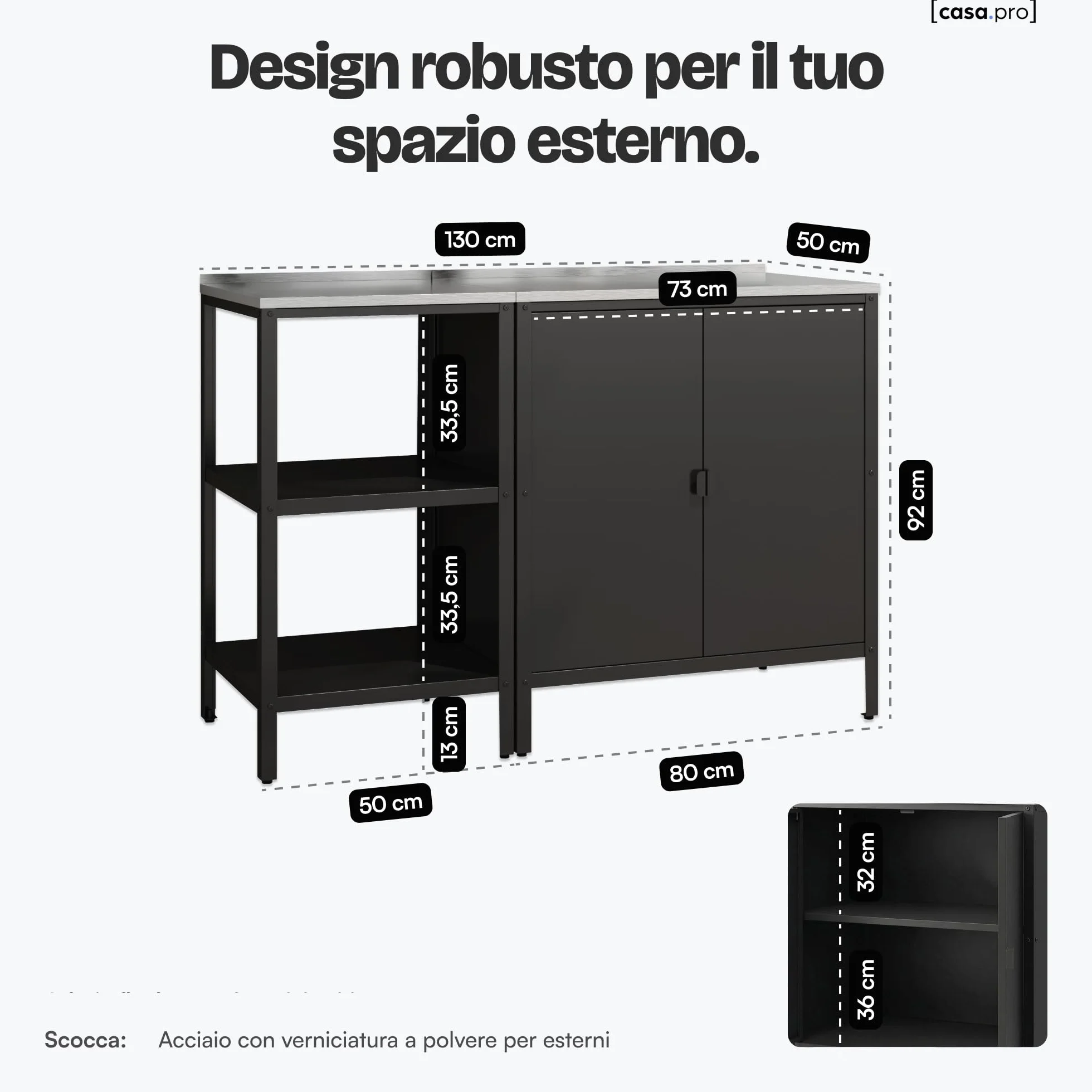 casa.pro Set di Mobili Organizzatori da Esterno Composto di Armadio da Giardino e Bancone in Acciaio con Ripiani Piedini Regolabili per Livellare - Grigio/Nero Opaco