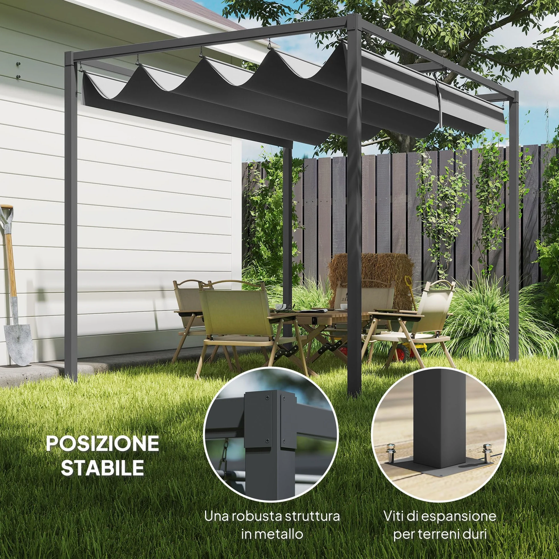 Outsunny Gazebo Pergola 3x2 m con Tettuccio Retrattile, Drenaggio, Picchetti e Viti, Poliestere e Metallo, Grigio