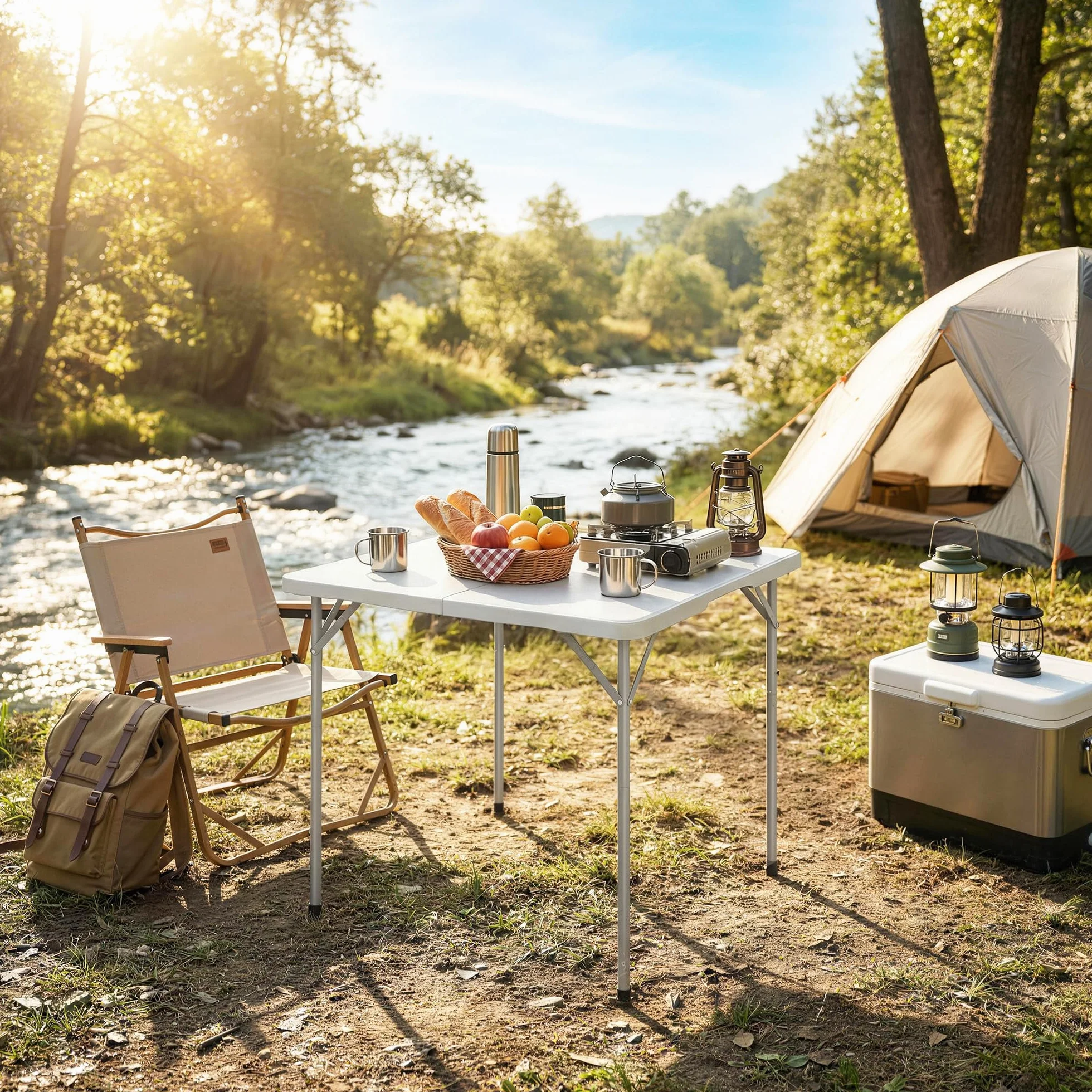 Outsunny Tavolo da Campeggio Pieghevole Quadrato 86x86x74 cm Bianco
