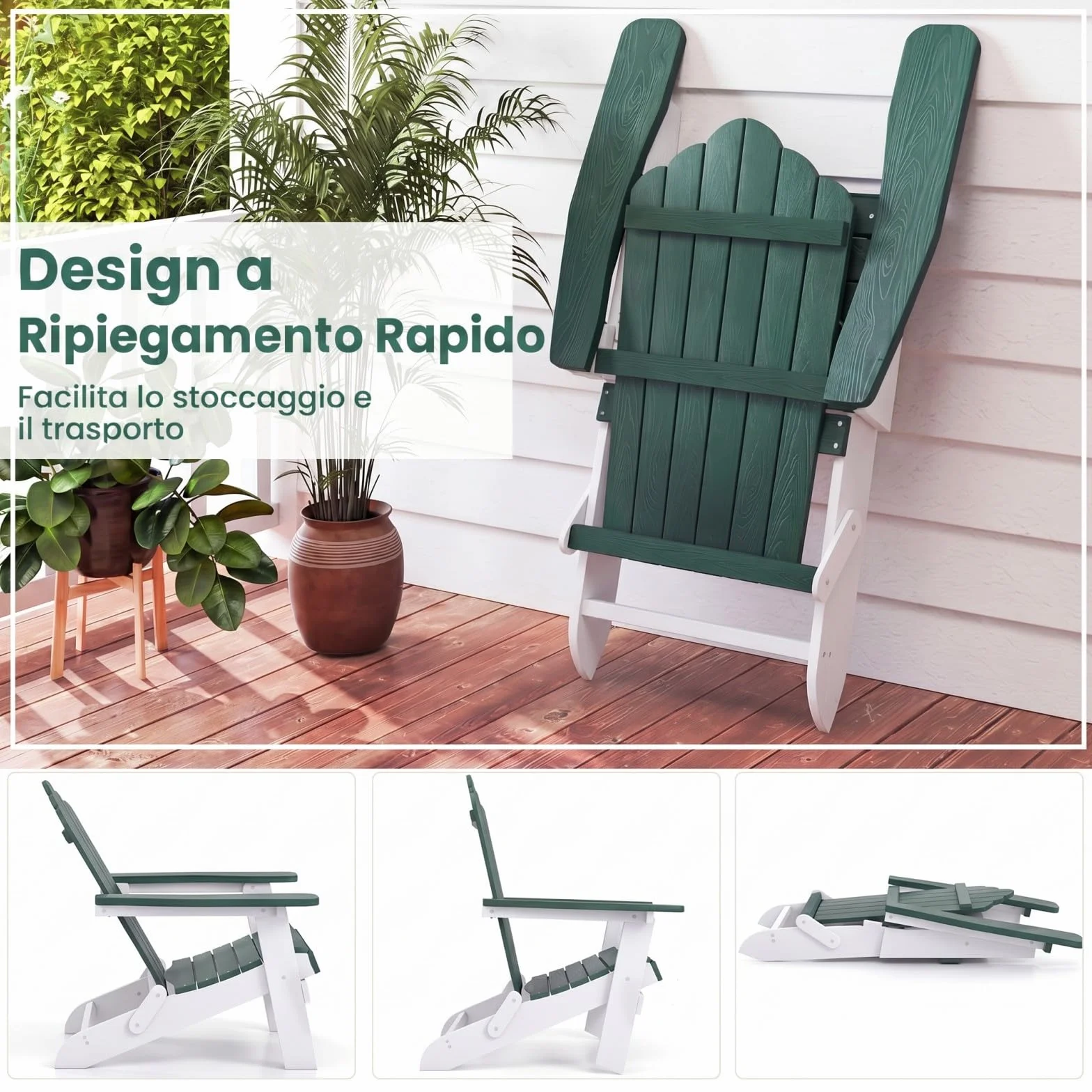 COSTWAY Sedia Adirondack Pieghevole da Giardino, Sedia da Patio in HIPS con Braccioli Larghi e Schienale Inclinato, Poltrona in Legno, per Giardino Cortile, Portata 180 kg (1, Verde+Bianco)