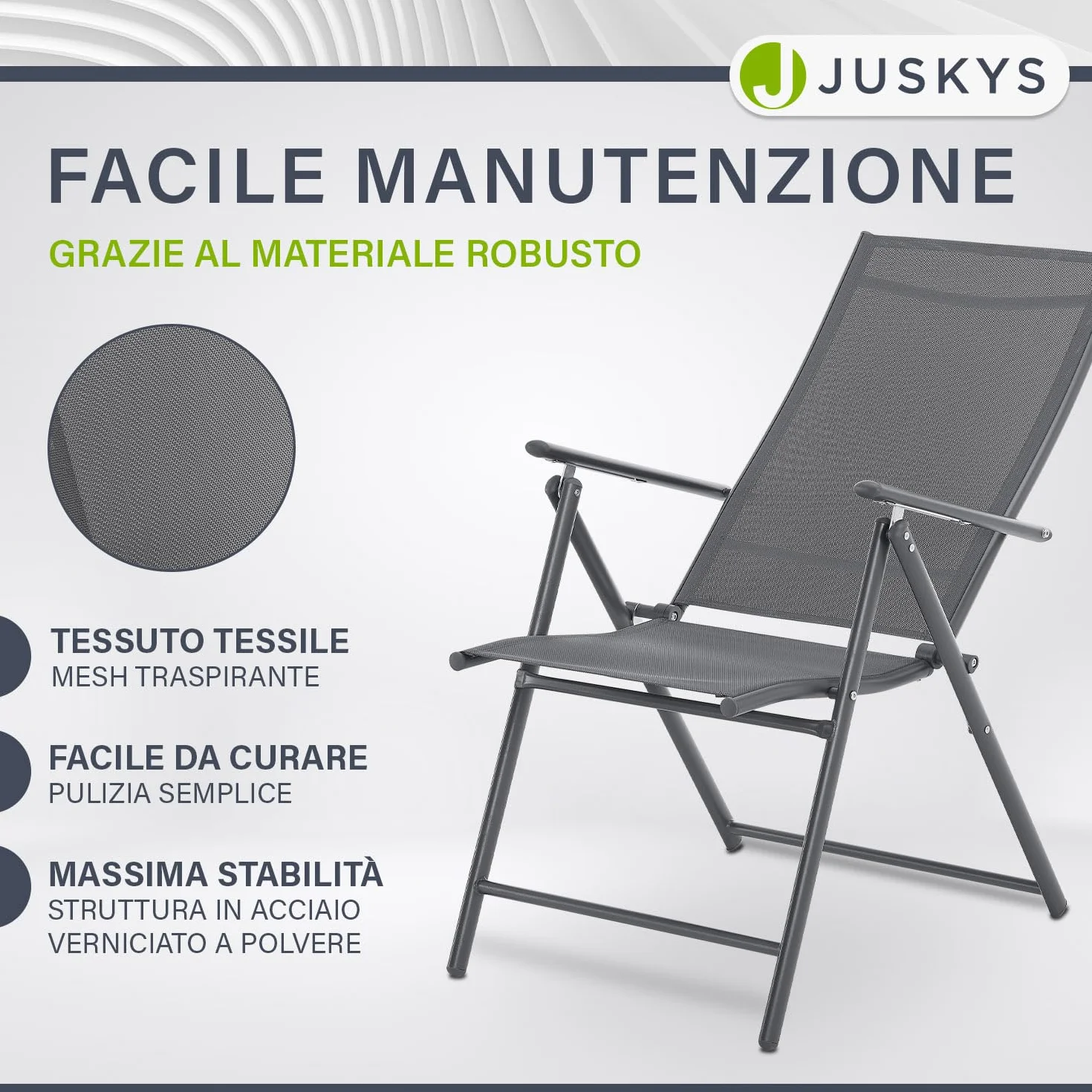 Juskys Sedie da giardino Calena set 4 pezzi antracite – Schienale regolabile in 7 posizioni – pieghevoli con struttura in acciaio e tessuto traspirante