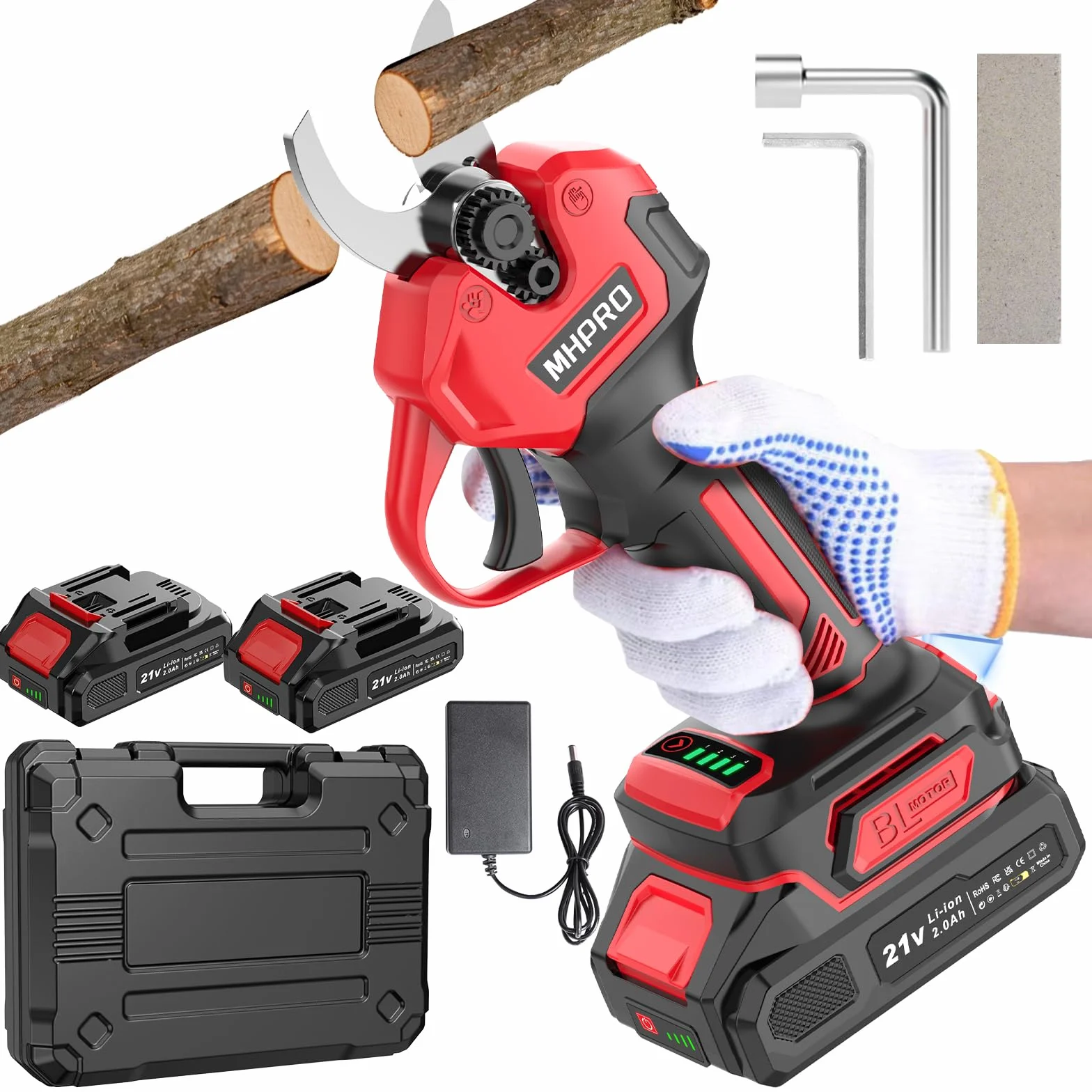 MHPRO Forbici Potatura a Batteria Brushless, Forbice Elettrica per Potatura 600W Con 2×Batterie 21V 2000mAh, Schermo LCD, per Frutteti, Paesaggistica e Giardinaggio Professionale,Rosso