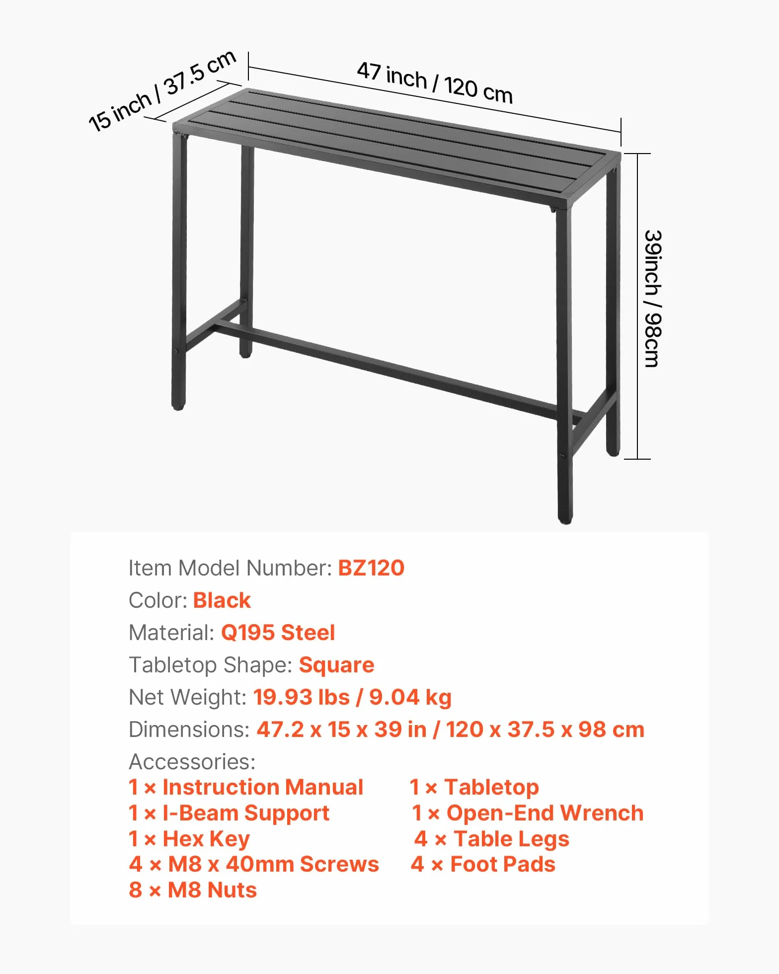 VEVOR Tavolo Alto da Bar per Esterni 120 x 37,5 cm, Tavolino da Pranzo Rettangolare Piano Impermeabile, Struttura in Metallo, Tavolo da Giardino Cortile Terrazza, Bordo Piscina, Soggiorno