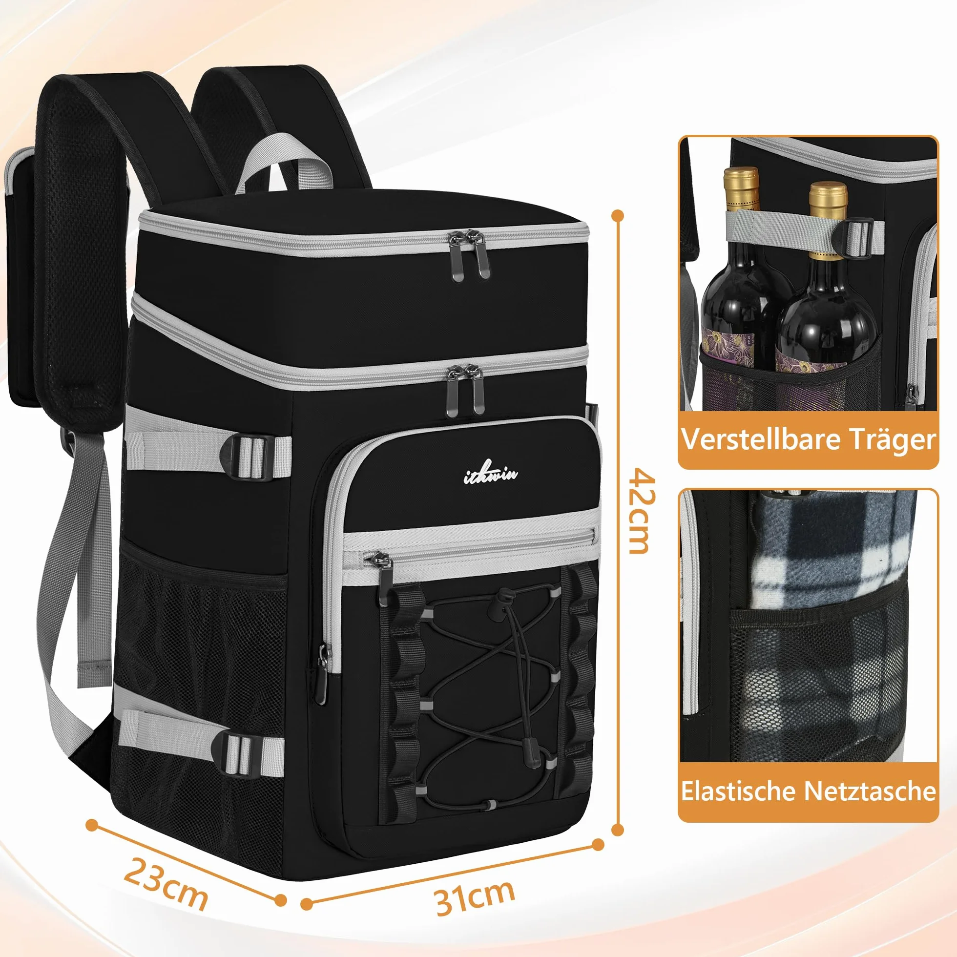 OUUTMEE Zaino refrigerante impermeabile a doppio strato per picnic, spiaggia, escursioni, nero