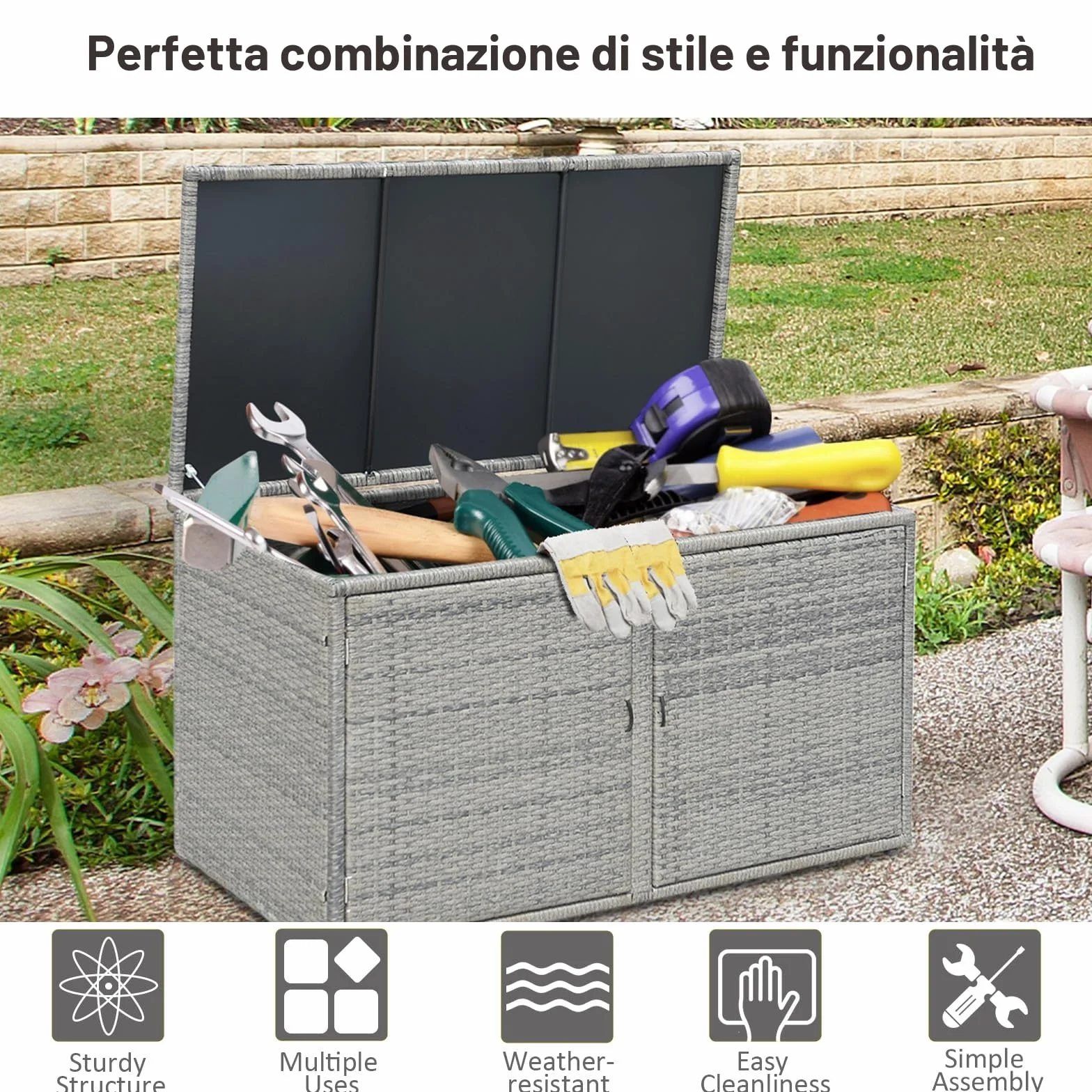 KOMFOTTEU Cassapanca Contenitore da Esterno 330L Rattan Telaio Acciaio Baule Giardino Resistente UV Impermeabile 115x60x65 cm Grigio