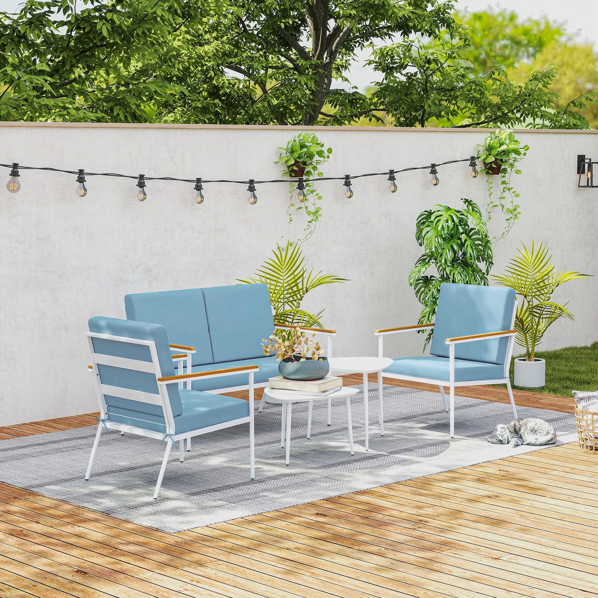 Outsunny Set Salotto da Giardino 5 Pezzi con Divanetto 2 Posti, Poltrone e Tavolino in Vetro, Azzurro