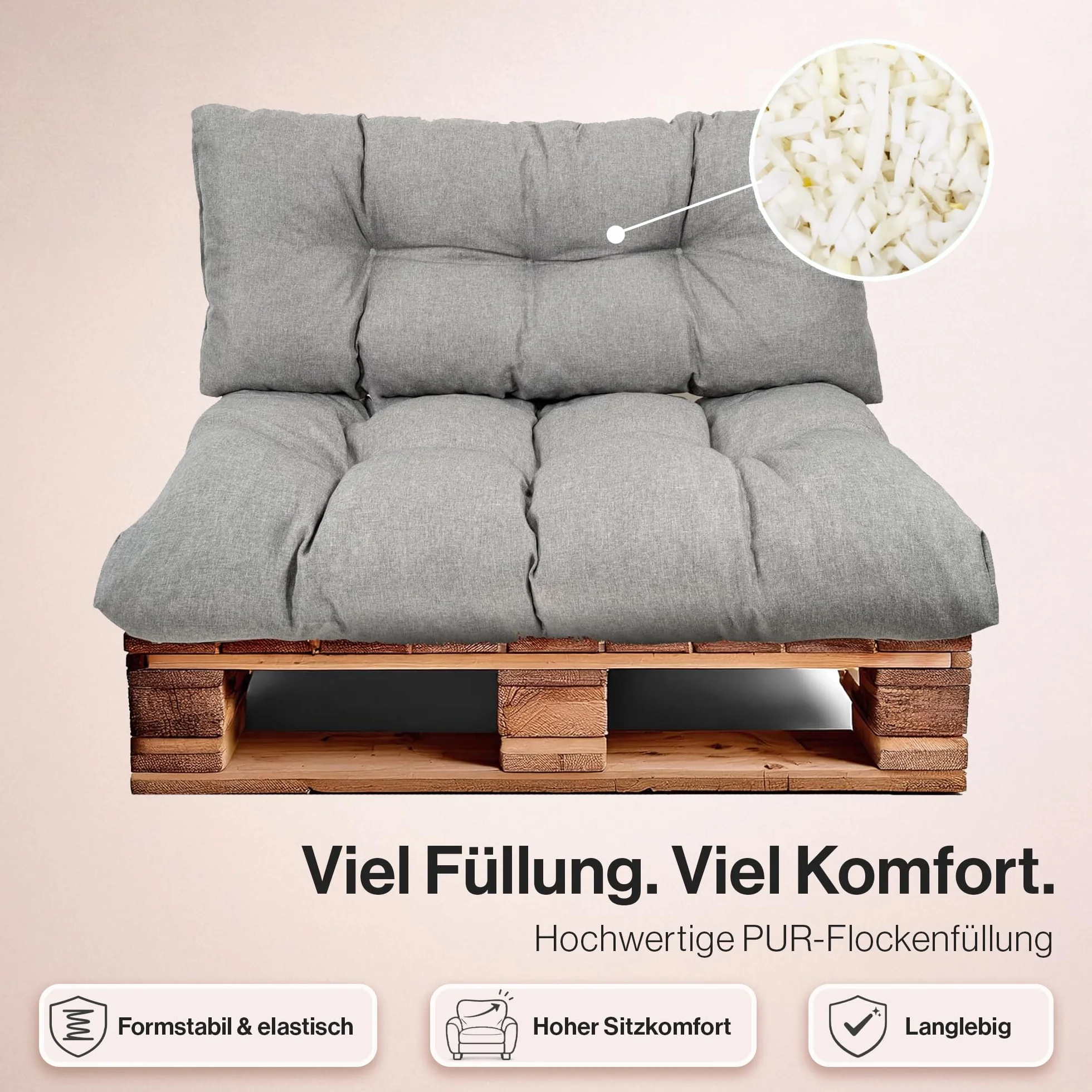 Set di Cuscini per Pallet Impermeabili – Cuscino D’assise per Pallet Europei – Imbottitura con Schiuma Granulare Poulirette – Include Cuscino D’assise 120x80cm + Schienale 120x40cm