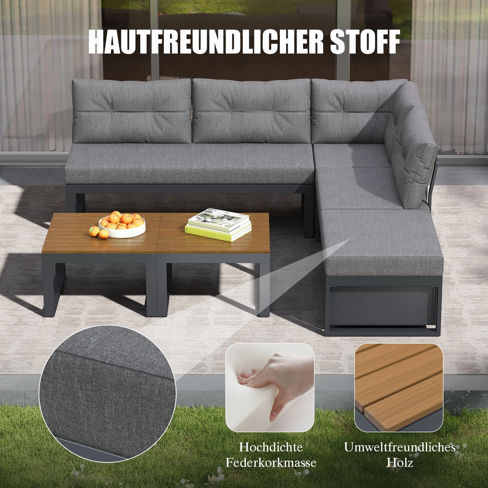 Set di mobili da giardino,Divano da giardino da esterno con schienale regolabile su 3 livelli,Divano con spazio di archiviazione e funzione di inclinazione,Adatto per terrazzi e giardini,Grigio