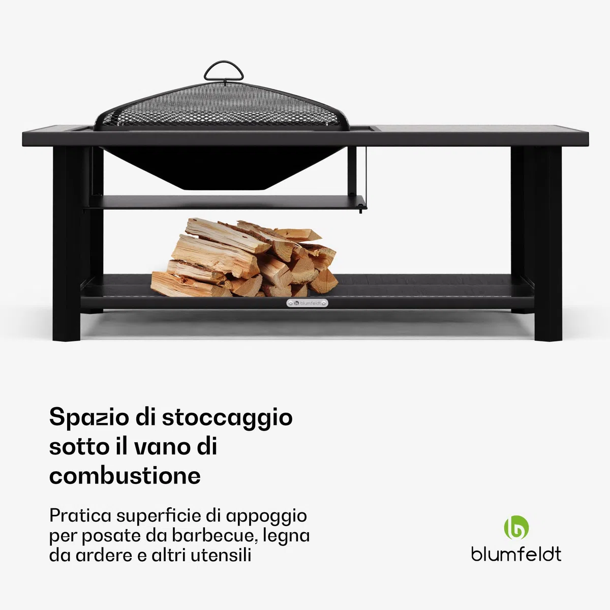 blumfeldt Merano Avanzato L Braciere da Giardino - 3-in-1 Braciere Barbecue & Tavolo, Telaio in Acciaio, Piano in Terrazzo, Include Griglia, Attizzatoio, Parascintille & Coperchio, Nero