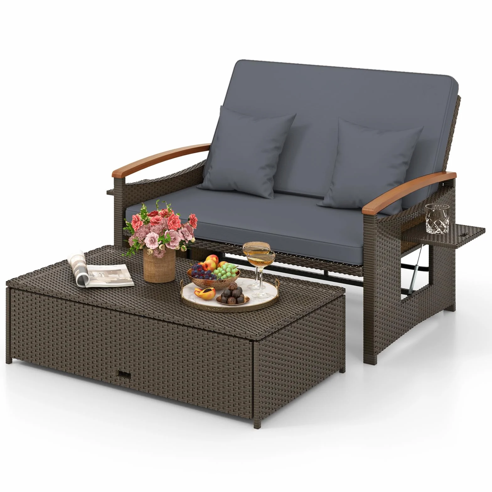 GIANTEX Divano da Giardino in Rattan a 2 Posti con Funzione Allungata, Set di Mobili in Rattan con Sgabello, Doppia Sedia a Sdraio per 2 Persone, 3 Colori (Cuscino Grigio)