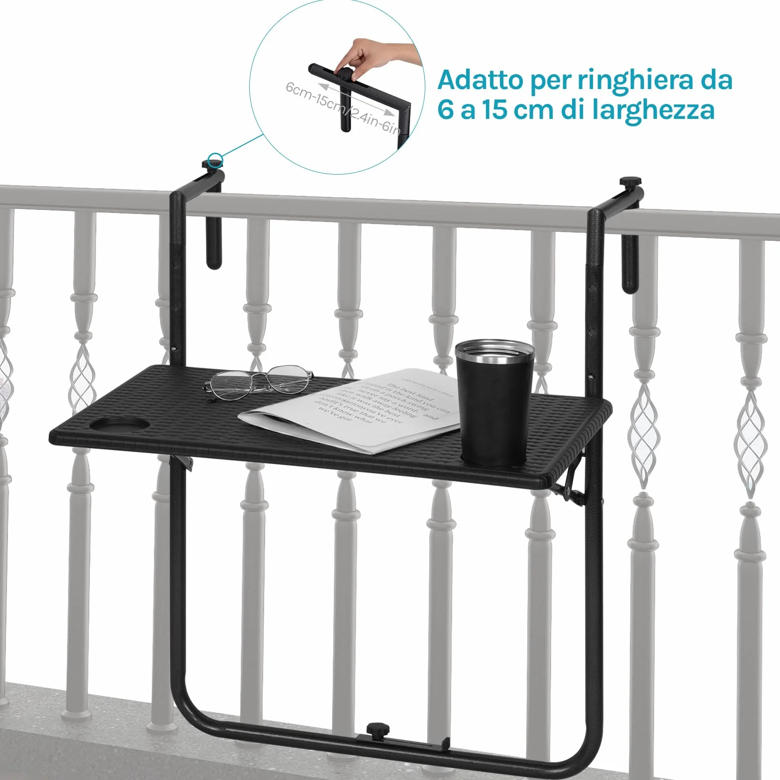WOLTU Tavolino Pieghevole da Balcone Regolabile in 3 Altezze, Tavolo Sospeso per Ringhiera, Rattan, Nero