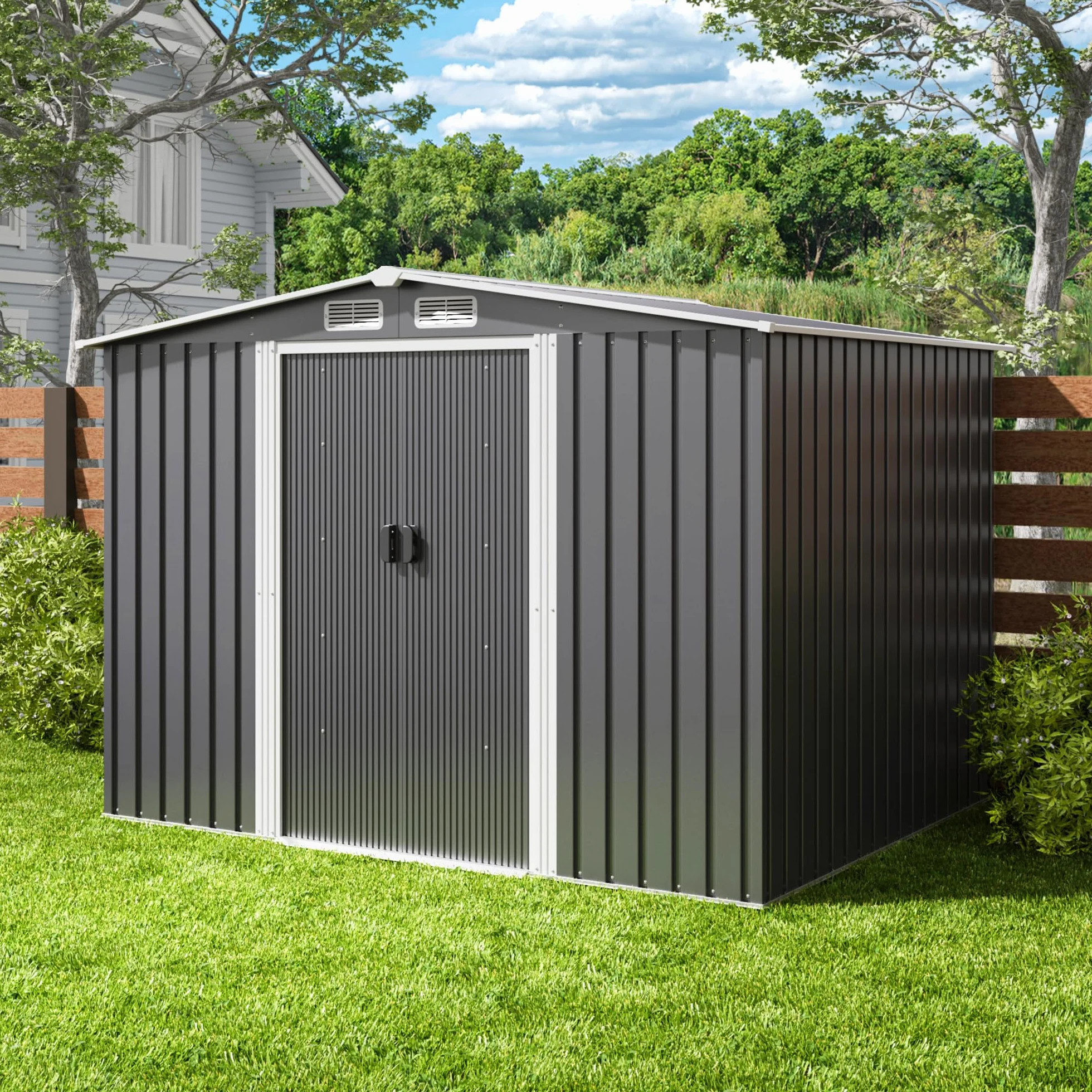Xbro Capanno per Attrezzi in Metallo 5㎡, Casetta da Giardino da Esterno con Tetto Spiovente e Porta Scorrevole, Serratura, 247x193x179 cm