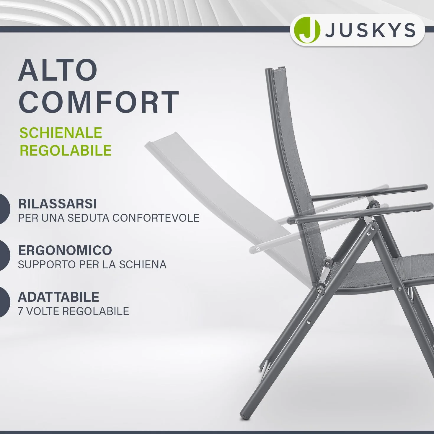 Juskys Sedie da giardino Calena set 4 pezzi antracite – Schienale regolabile in 7 posizioni – pieghevoli con struttura in acciaio e tessuto traspirante