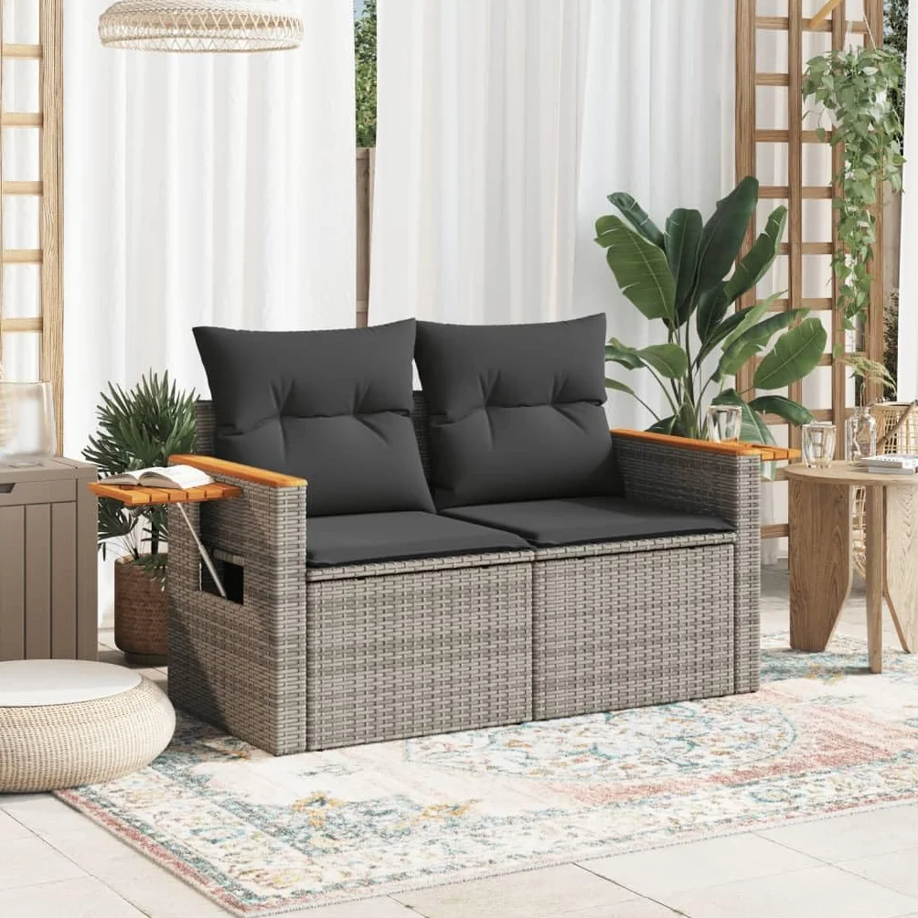 IKAYAA Divanetto da Esterno 2 Posti con Contenitore Divano da Giardino in Polyrattan Salotto da Giardino in Polyrattan Set da arredo per Esterno con Cuscini-Grigio-2 pz