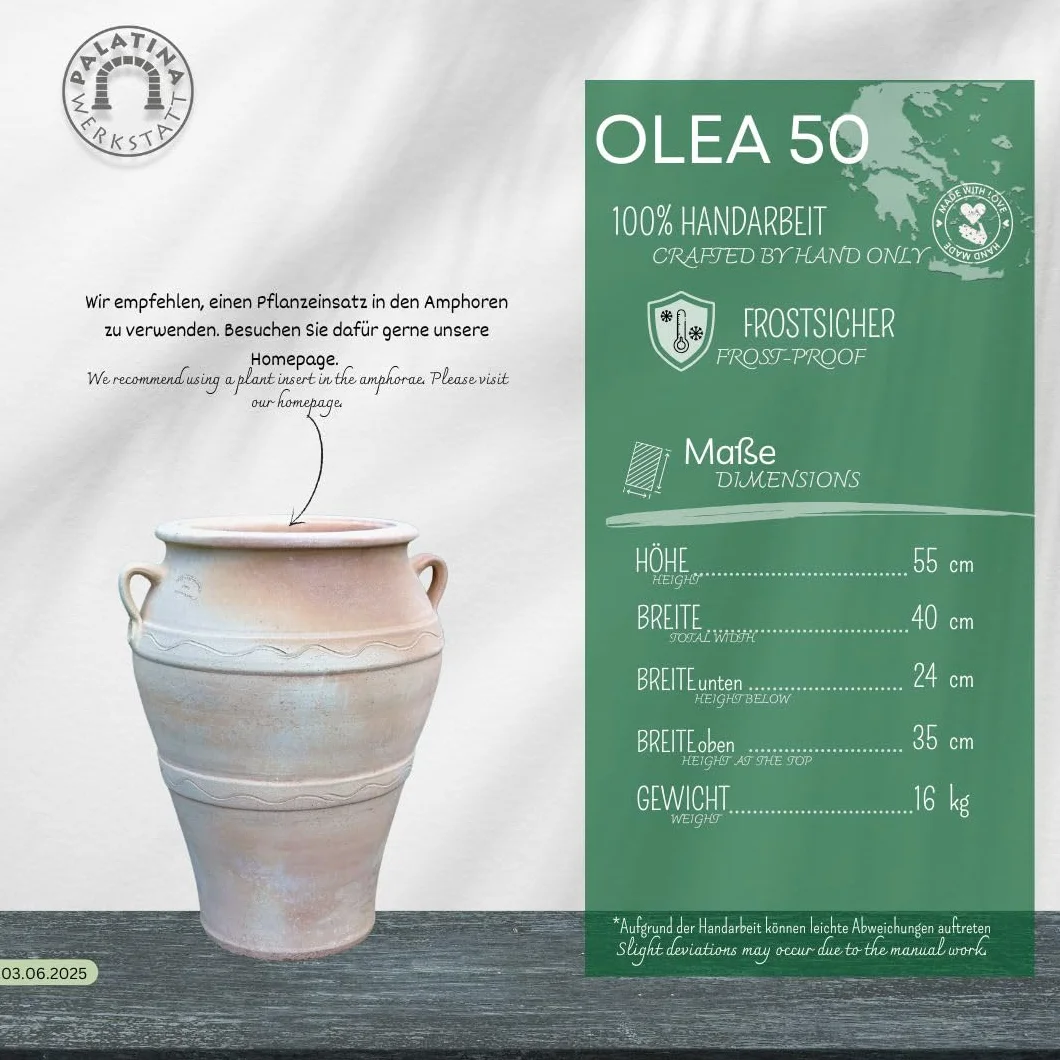 Palatina Werkstatt Anfora in terracotta greca Olea, 50 cm, 100% fatto a mano, ideale per gli amanti del giardino, degli interni e delle anfore