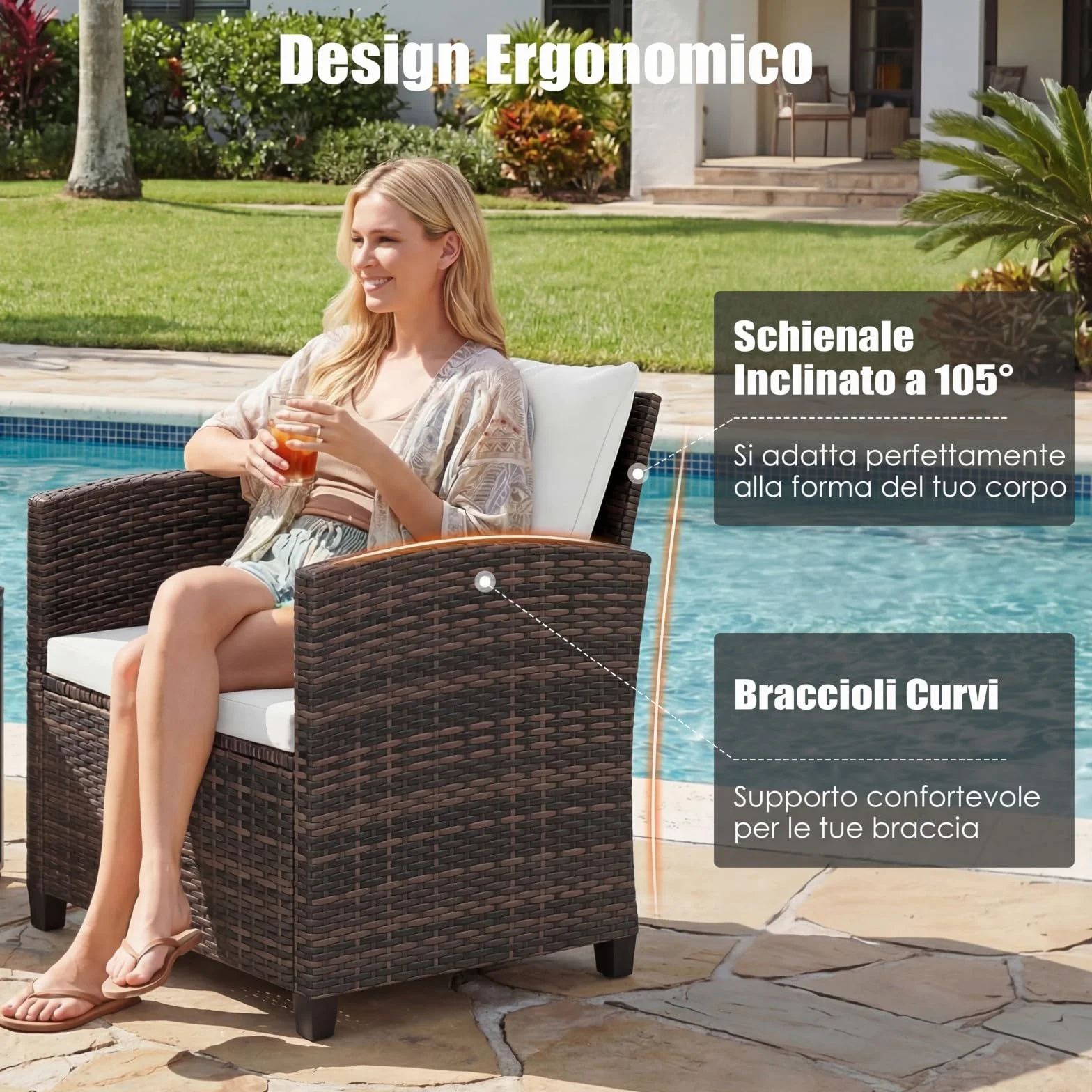 COSTWAY Set Mobili da Giardino 3 Pezzi, Salotto da Esterno in Rattan PE con Cuscini Sfoderabili, Tavolino in Vetro Temperato Beige