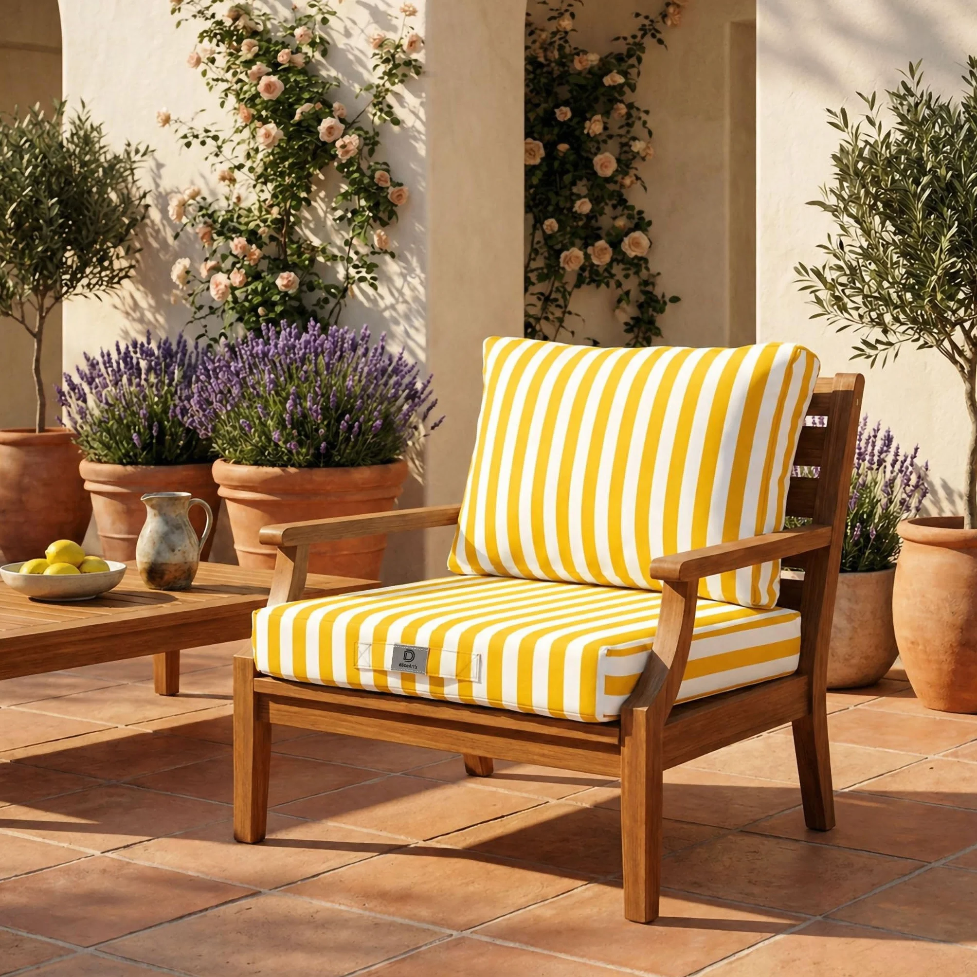 Déco Arts — Set di 2 Cuscini Sfoderabili Salotto Giardino 60x60 — Seduta 60x60 + Schienale 60x35 cm — Impermeabile Anti-UV — Ricambio Mobili Giardino Terrazzo Balcone Veranda — A Righe Gialle