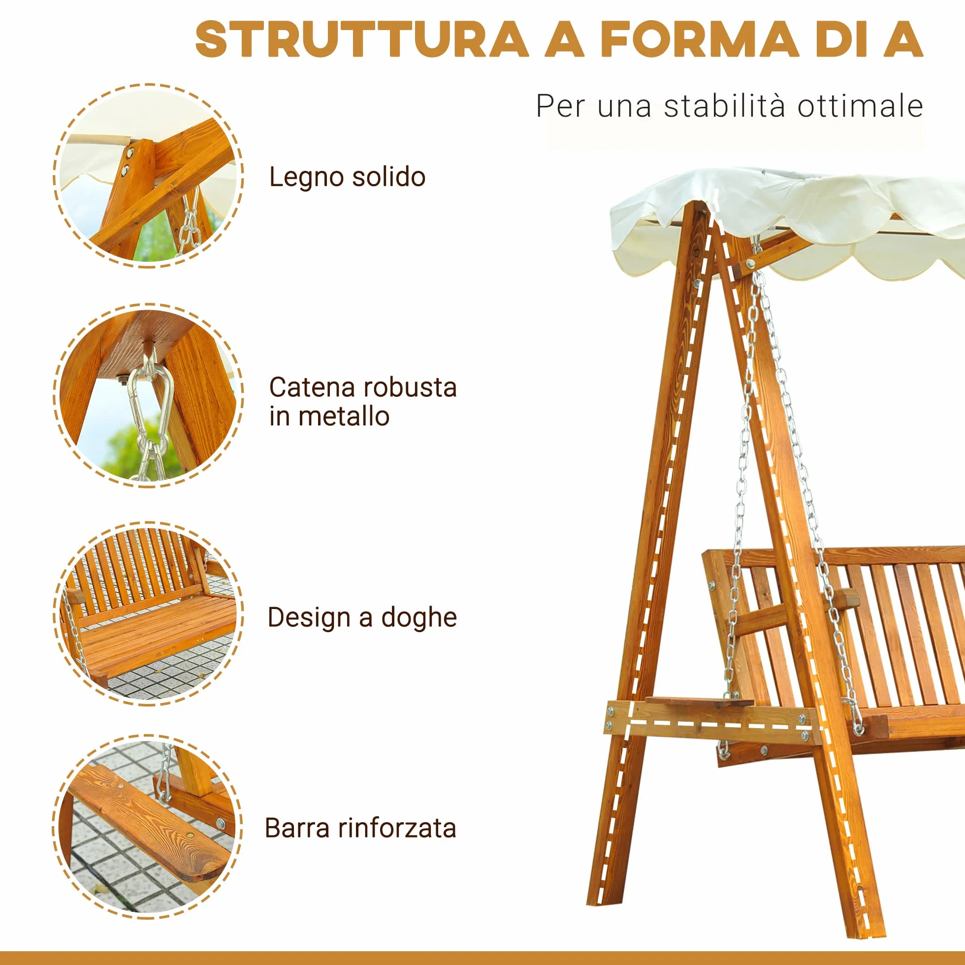 Outsunny Dondolo da Giardino Stile Classico Legno Massello di Pino Conforme alle Norme di FS Tettuccio Parasole in Tessuto di Poliestere con Rivestimento di PA 162x130x185cm 240kg