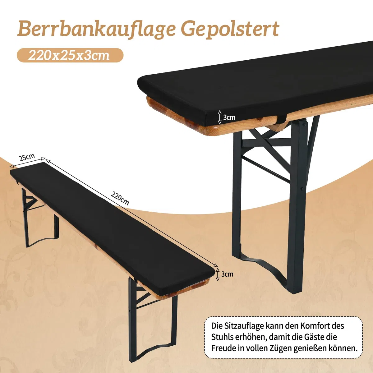 2-Pack di cuscini imbottiti per panca da festa della birra, set di cuscini per panca da festa della birra, cuscino per panca da festa della birra 220x25x3 cm XL, cuscini imbottiti lavabili per