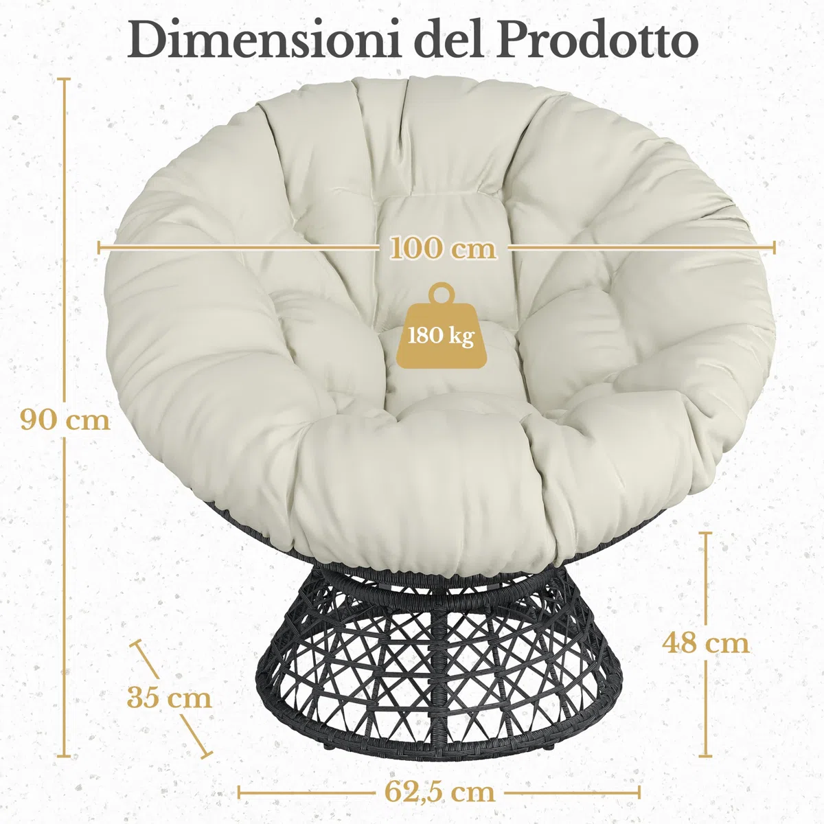 Yaheetech Poltrona da Giardino Girevole 360° Rattan Sedia Dondolo Rotonda Papasan Cuscino Diametro 120 cm Nero/Beige