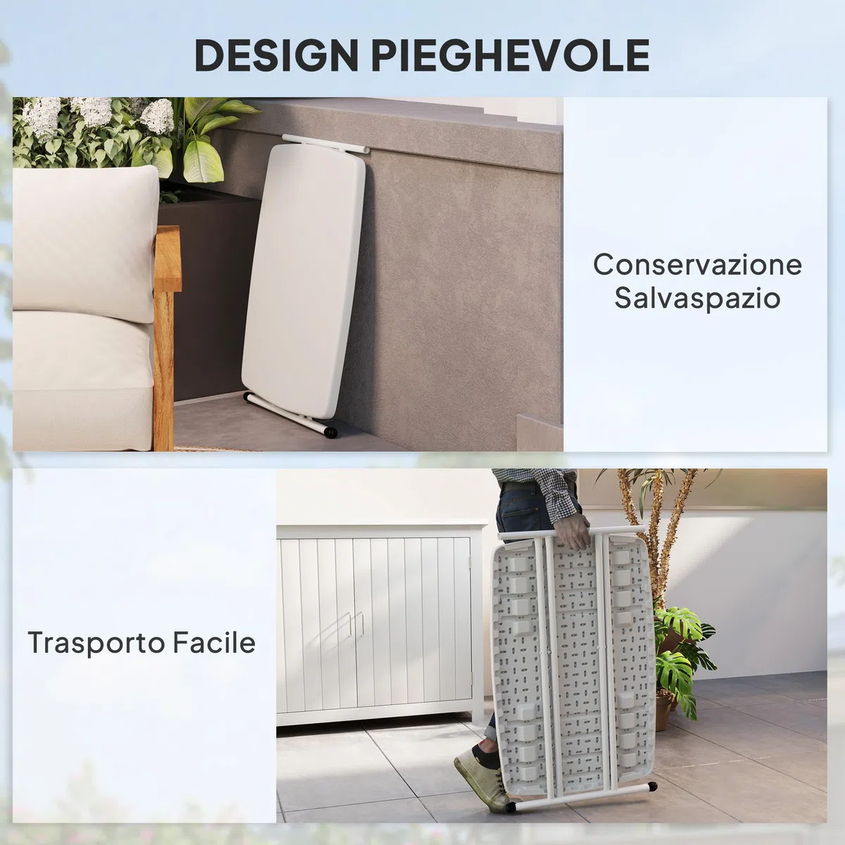 Outsunny Tavolino da Giardino Pieghevole Altezza Regolabile HDPE Metallo 76x50x74 cm Bianco