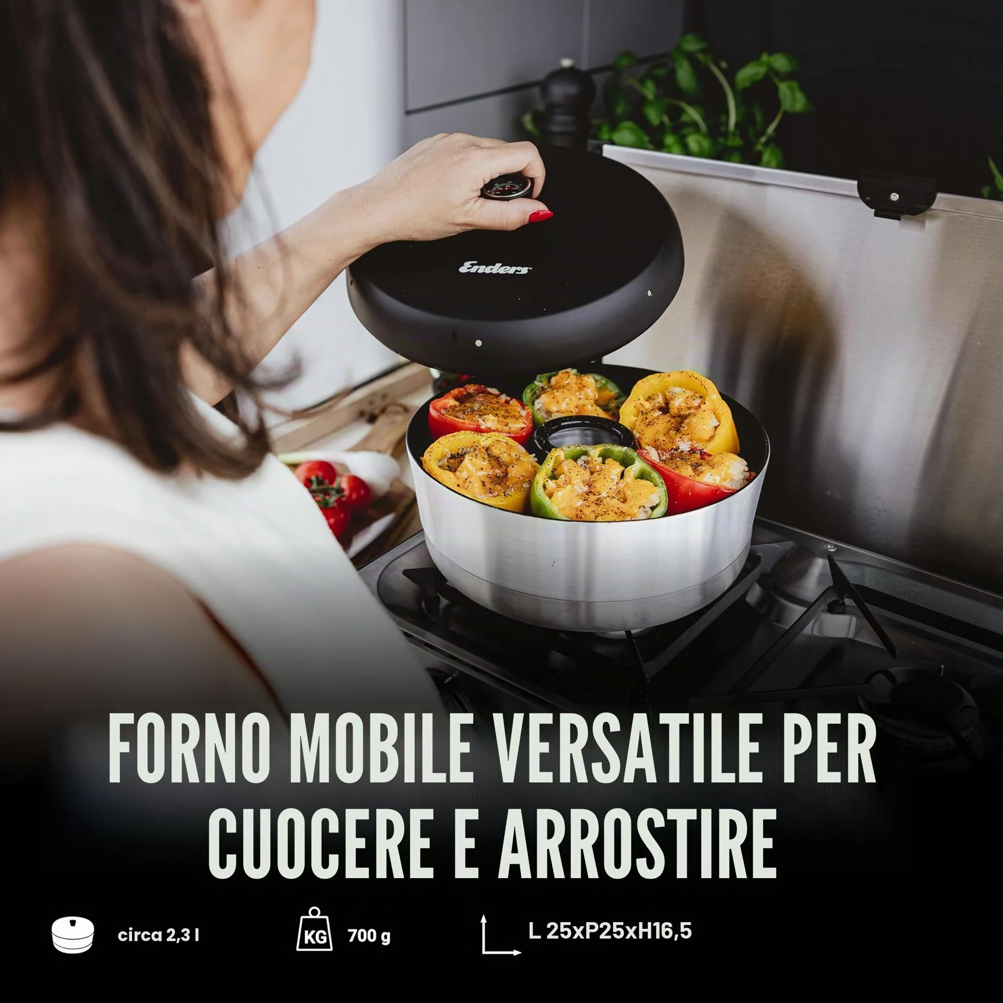 Enders® Forno portatile da campeggio VAMO™ per cottura, cottura e cottura compatibile con fornelli, barbecue o fornelli, eccetto induzione, capacità circa 2,3 litri, termometro integrato #6866