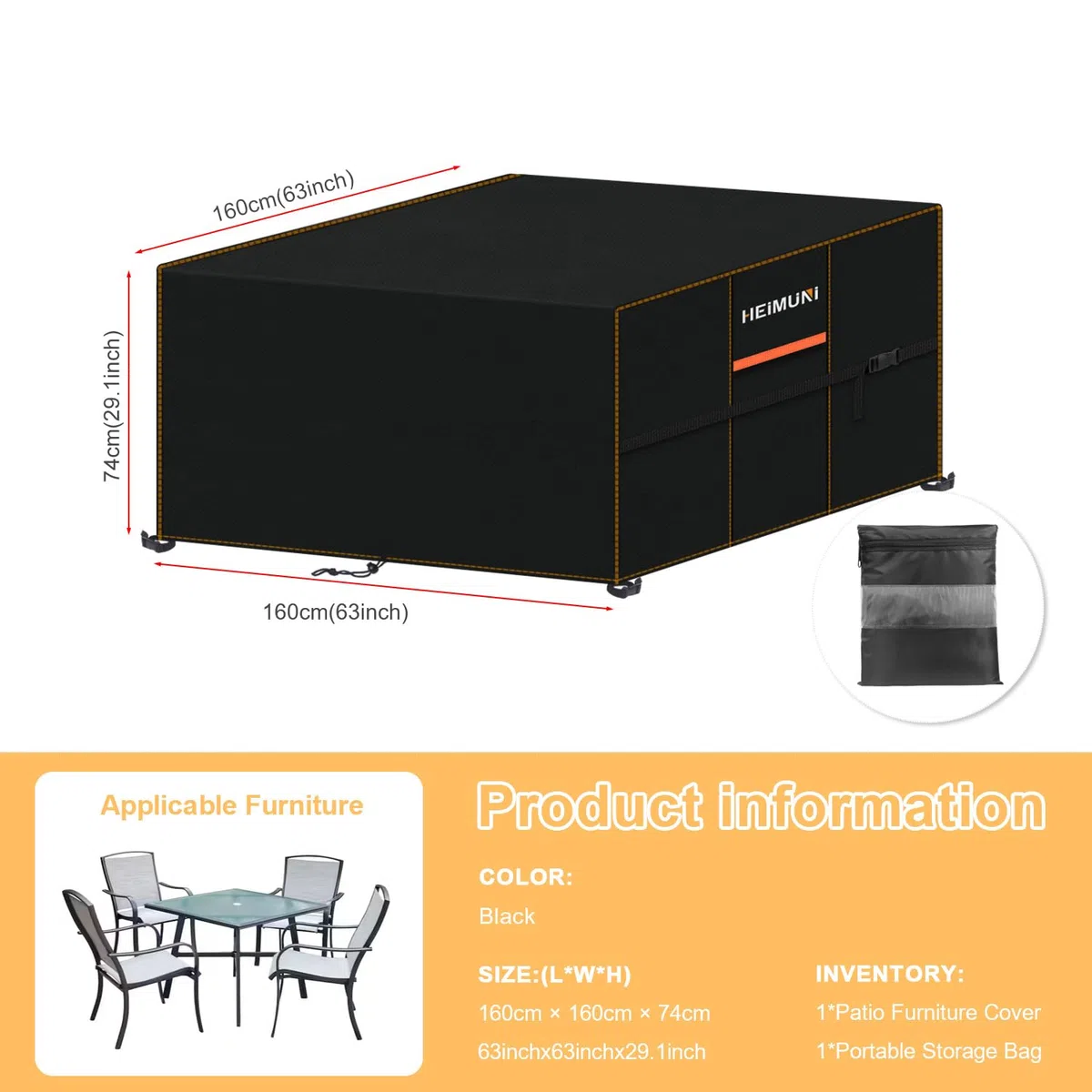 Copertura Tavolo Esterno Telo Copri Tavolo Arredo Rettangolare 160x160x74cm Copertura per Mobili da Giardino Panno 420D Oxford Impermeabile Copertura Telo Copri Tavolo, Antivento Anti-UV Nero