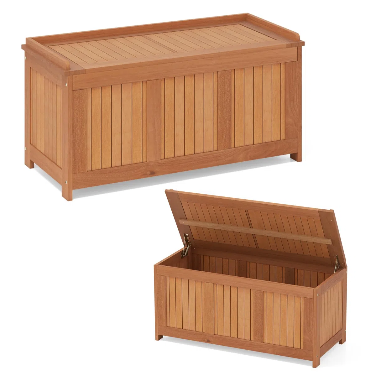 COSTWAY Baule da Giardino 220L, 3 in 1 Cassapanca Contenitore in Legno Massello con Coperchio Ribaltabile e Bordi Rialzati, Panca Portaoggetti per Interni e Esterni, 113,5 x 52 x 58,5 cm