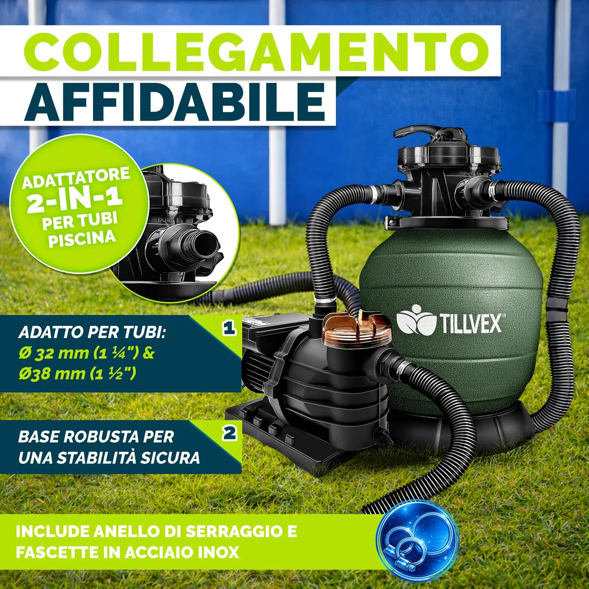 tillvex Depuratore d'acqua per piscina 10 m³/h 800 g sfere filtro Pompa filtro a sabbia con valvola