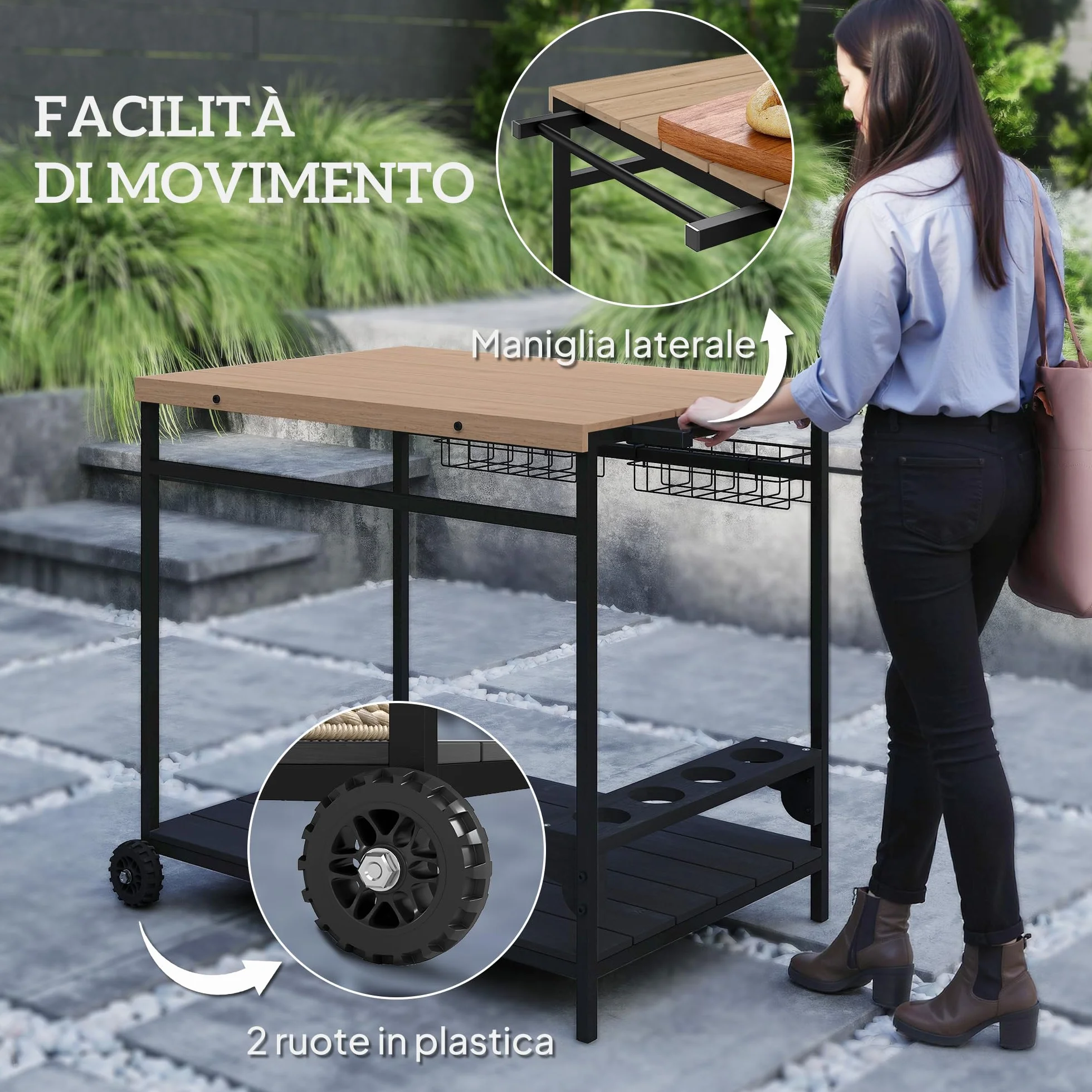 Outsunny Carrello da Giardino 2 Ripiani Legno Abete 97.5x65x81 cm Nero