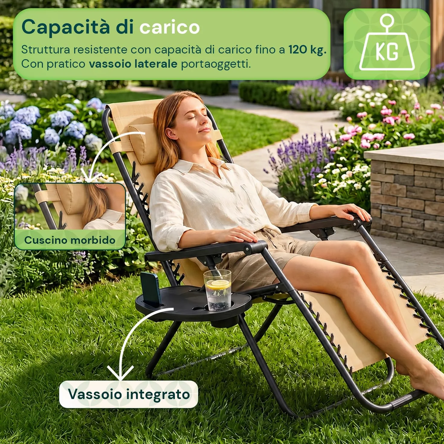 Avilia - Sedia da Giardino Pieghevole con Vassoio Laterale Portabevande – Ferro, Seduta Teslin, 120 kg | Sedia Giardino Pieghevole Reclinabile, L65×P87/176×A108/80 cm, Facile da Pulire