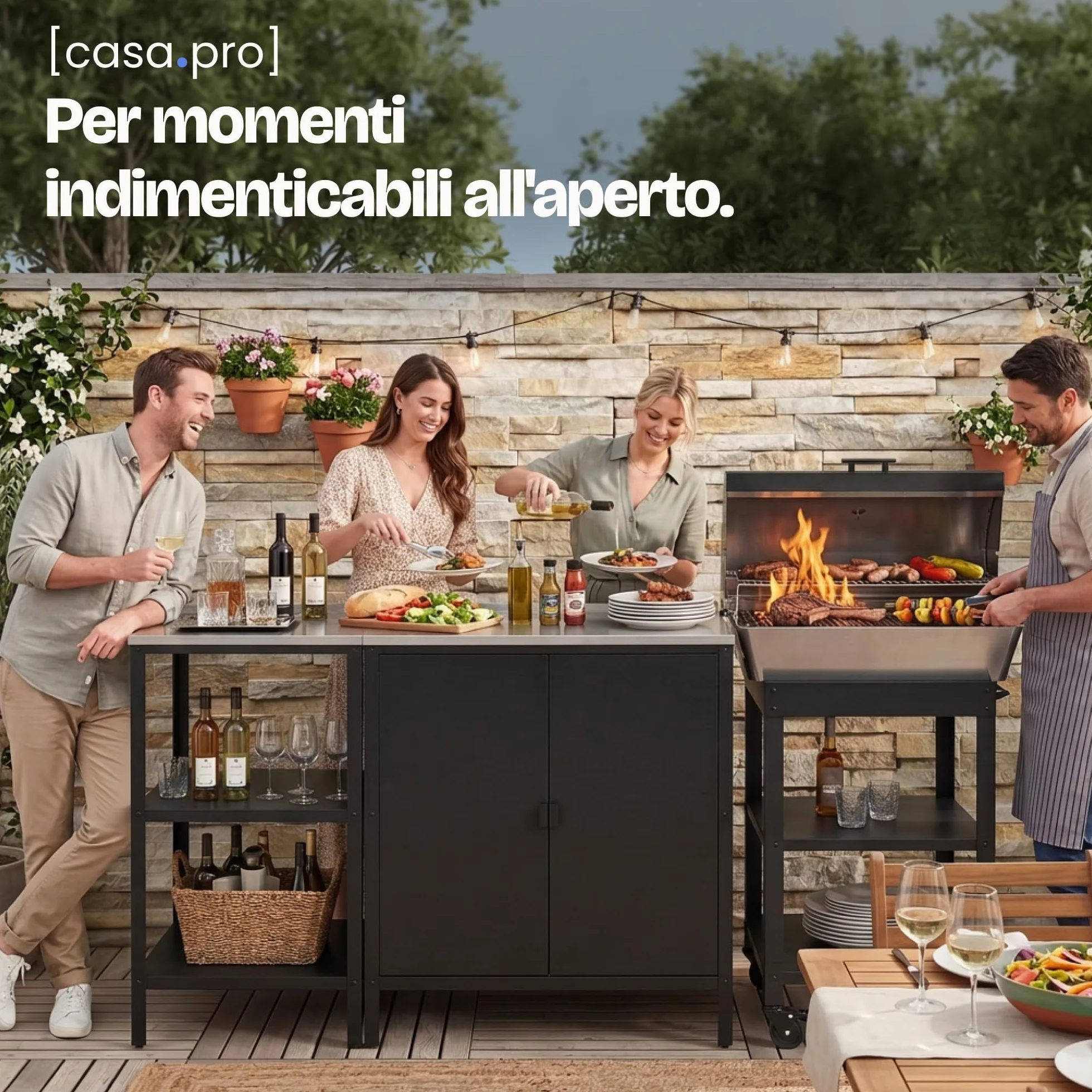 casa.pro Bancone da Giardino Scaffale da Esterno a 3 Ripiani 92 x 50 x 50 cm Mobile in Acciaio con Piedini Regolabili per Livellare - Argentato/Nero opaco