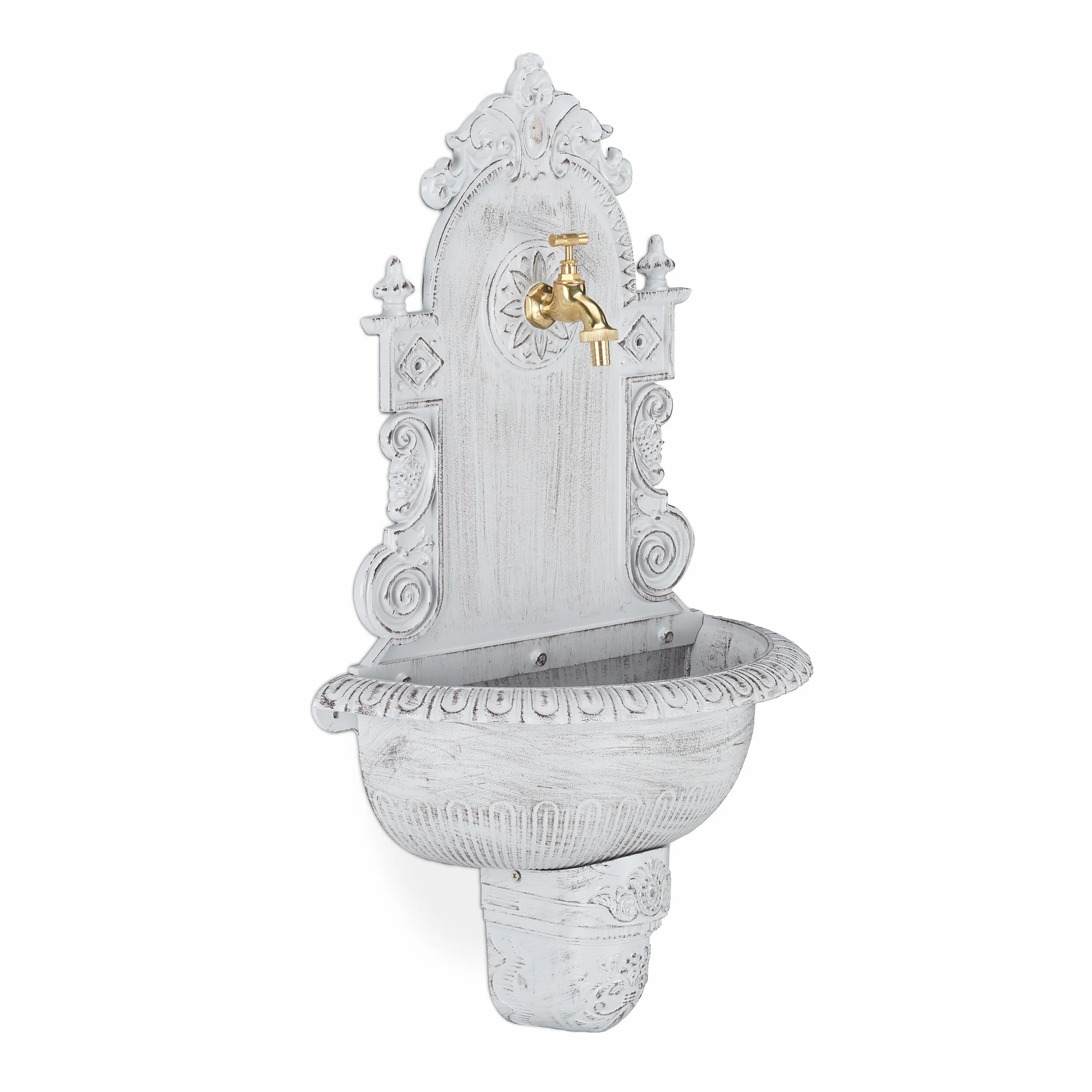 Relaxdays Fontana XL Antica a Parete, con Rubinetto, Lavabo per Giardino, in Lega di Alluminio, HLP 75x44x22 cm, Bianca