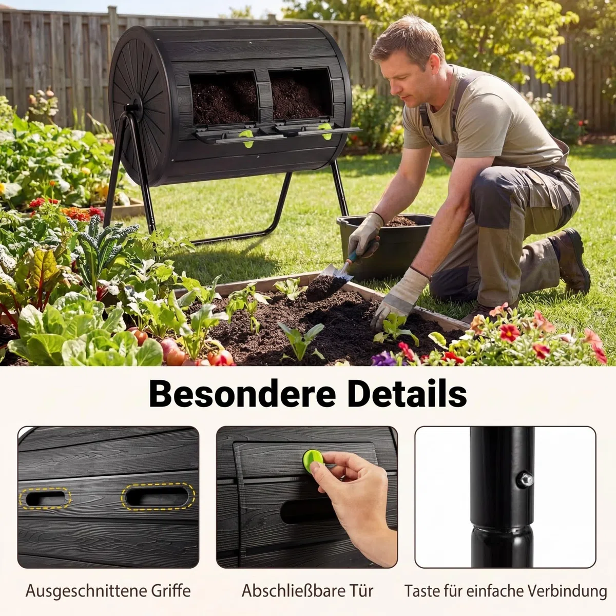 HOMASIS 142L Compostiera da Giardino, Compostiera Girevole a 360° in PP con Lame di Miscelazione, per Compostaggio Rifiuti Organici, Efficiente in 4-6 Settimane, Attrezzi da Giardinaggio (Nero)