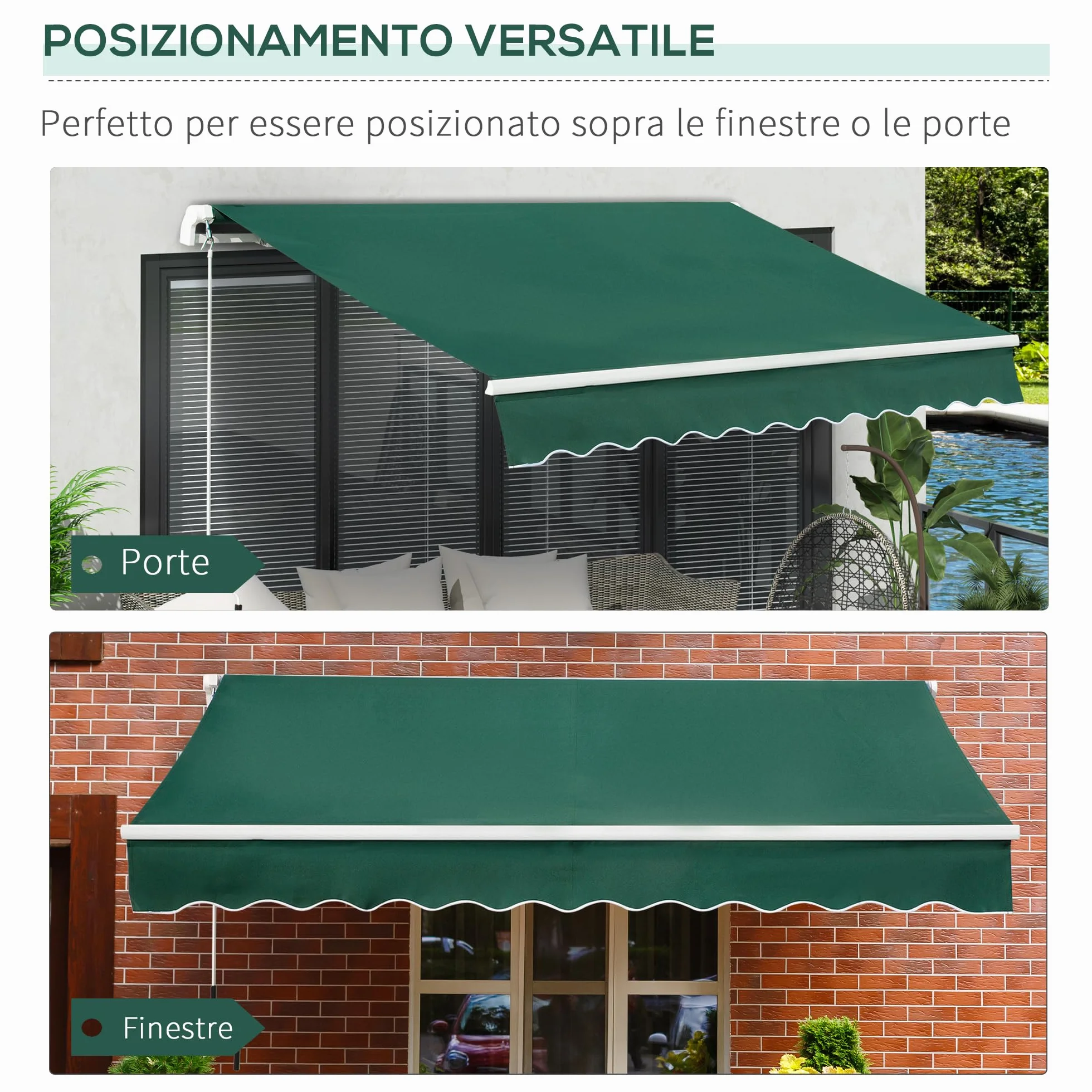 Outsunny Tenda da Sole 3x2 m con Braccio Avvolgibile, Tenda Parasole da Esterno a Manovella in Alluminio e Tessuto Poliestere, Protezione UV, Verde