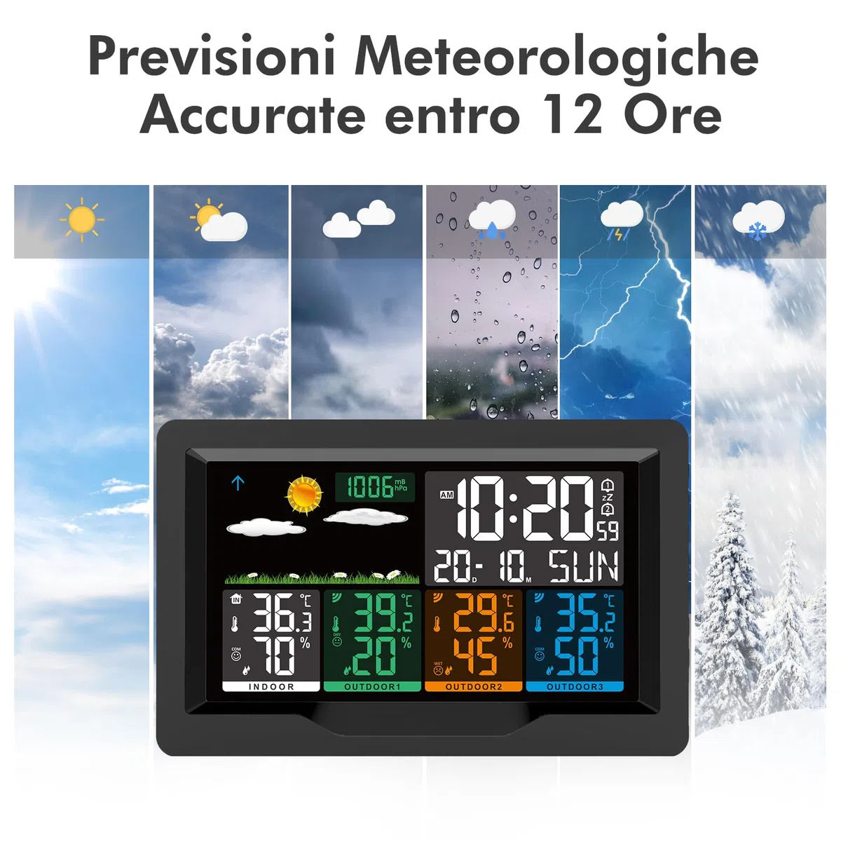 Stazione Meteo con 3 Sensori Esterni, Schermo a Colori 4 Luminosità Regolabili, Temperatura, Umidità, Pressione Barometrica, Sveglia