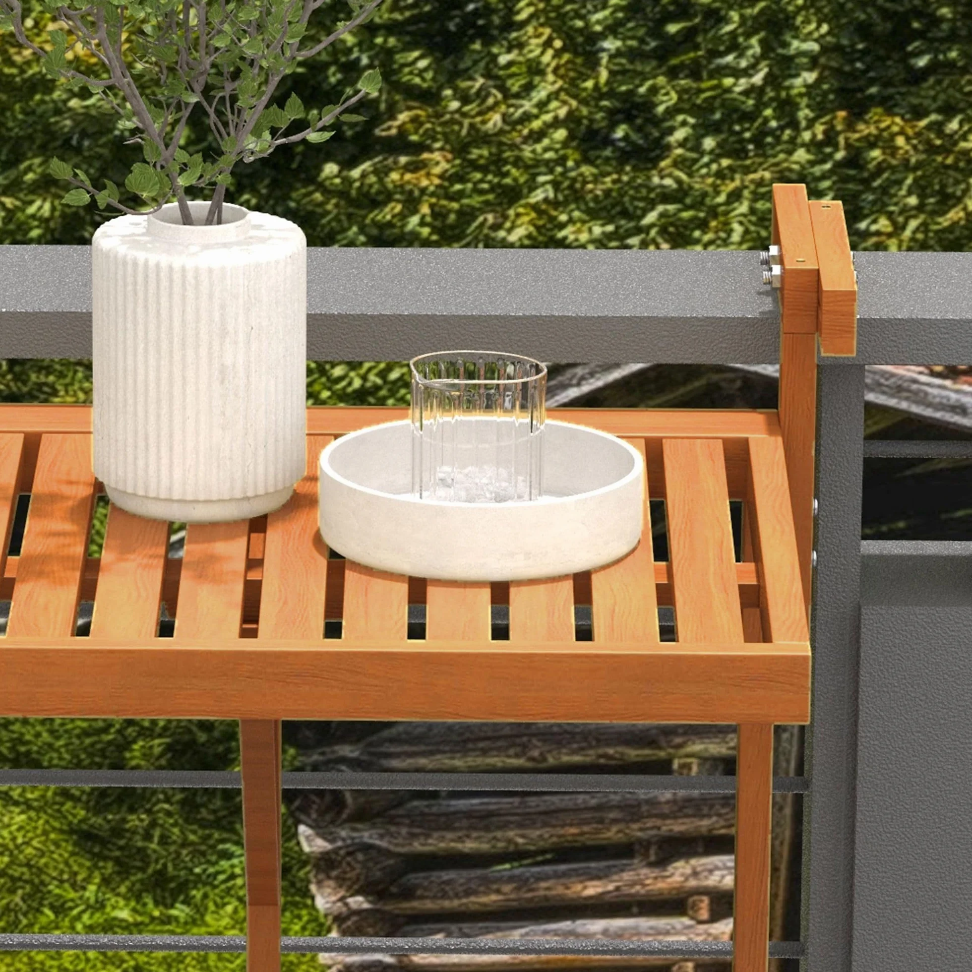 Outsunny Tavolino da Balcone Pieghevole Regolabile in Altezza 40.5-55cm, Legno di Pino, Teak
