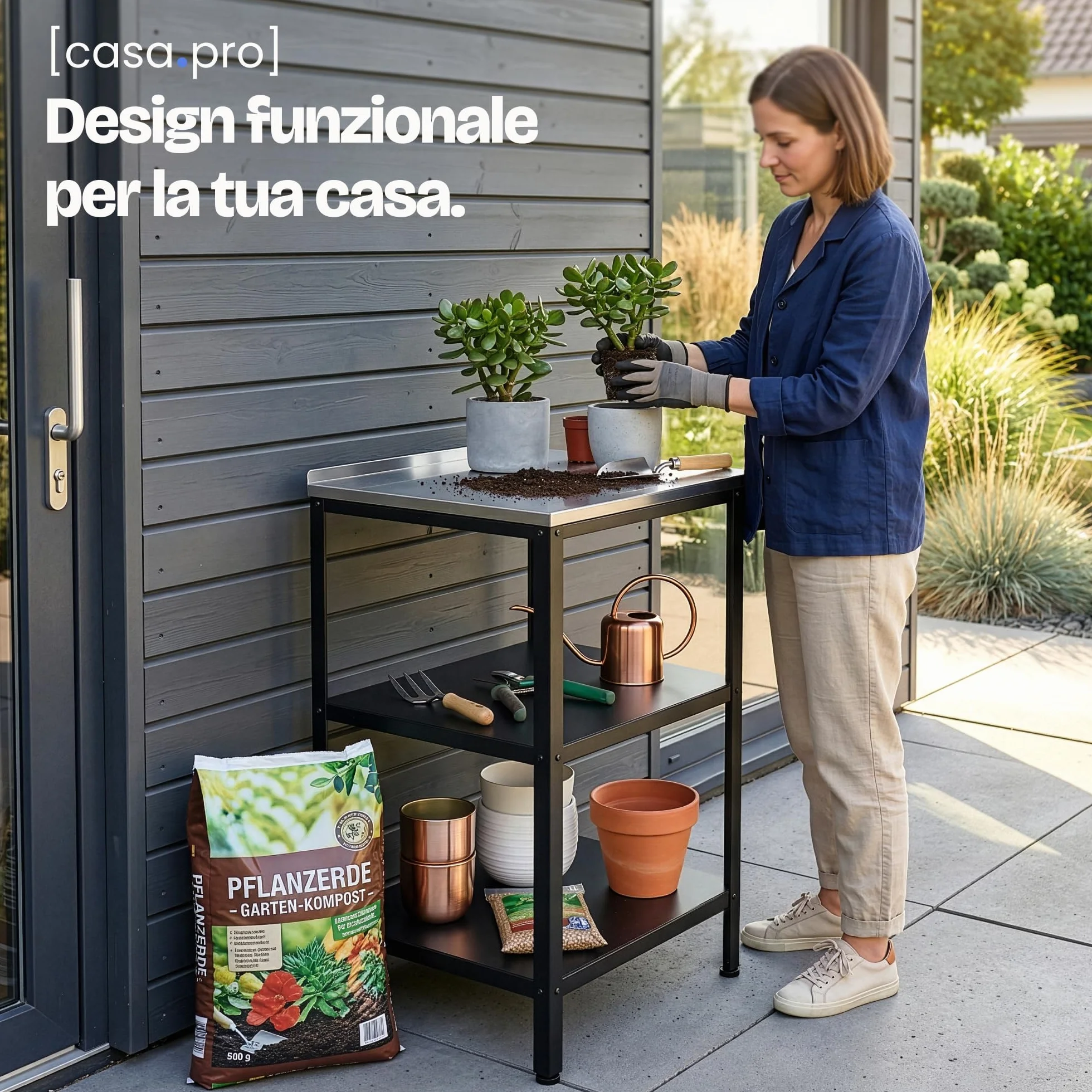 casa.pro Bancone da Giardino Scaffale da Esterno a 3 Ripiani 92 x 50 x 50 cm Mobile in Acciaio con Piedini Regolabili per Livellare - Argentato/Nero opaco
