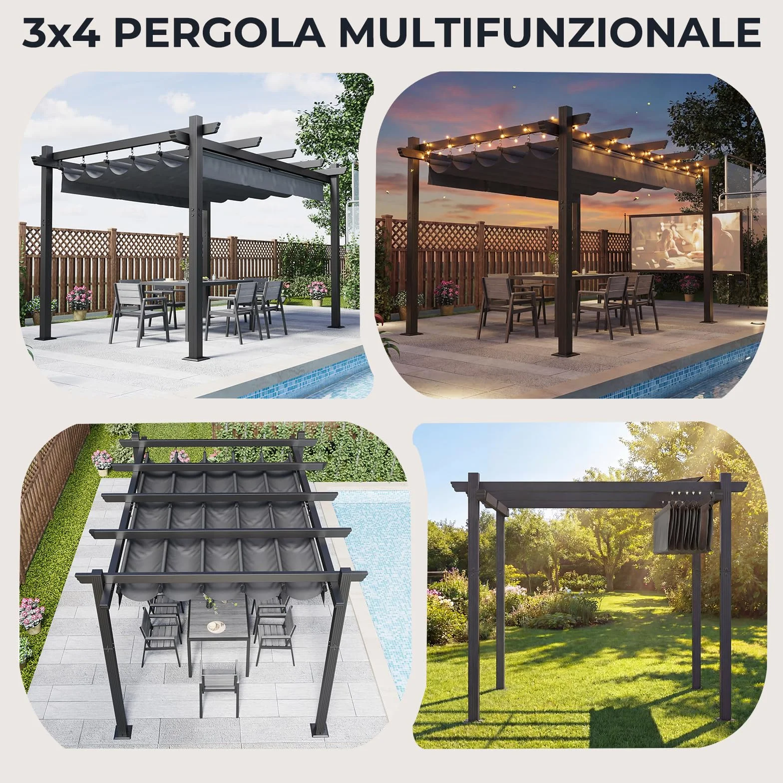 Devoko Gazebo Pergola 3x4, Pergolato Bioclimatico UV50+, Giardino Terrazzo, Nero