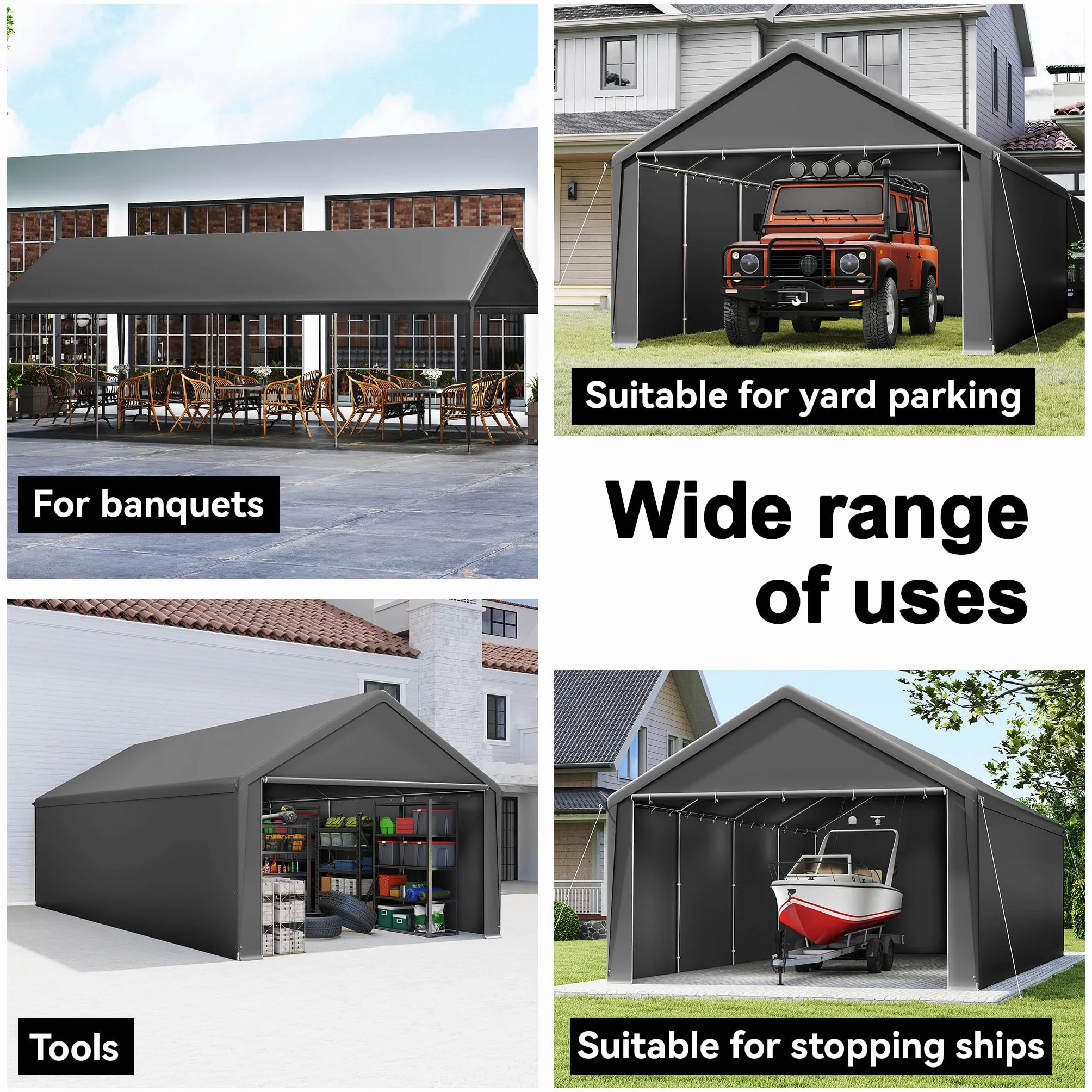 LZQ Tenda da magazzino, 4 x 8 m, tenda per attrezzature, casetta degli attrezzi e garage con robusto telo in polietilene, resistente alle intemperie, con rinforzo sul tetto e telaio per attrezzi