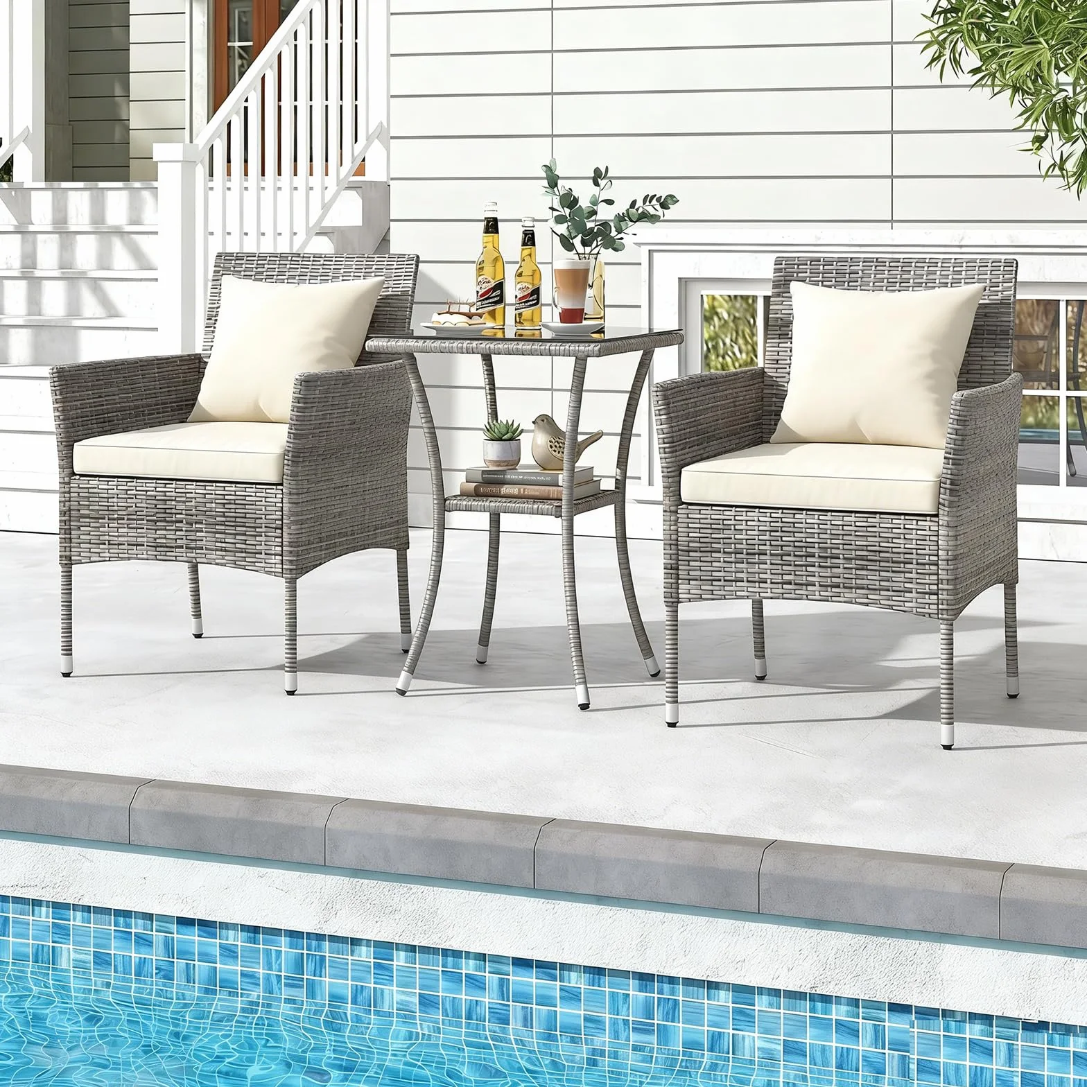 GIANTEX Set Mobili da Balcone 3 Pezzi, Tavolo e 2 Sedie in Rattan con Cuscini