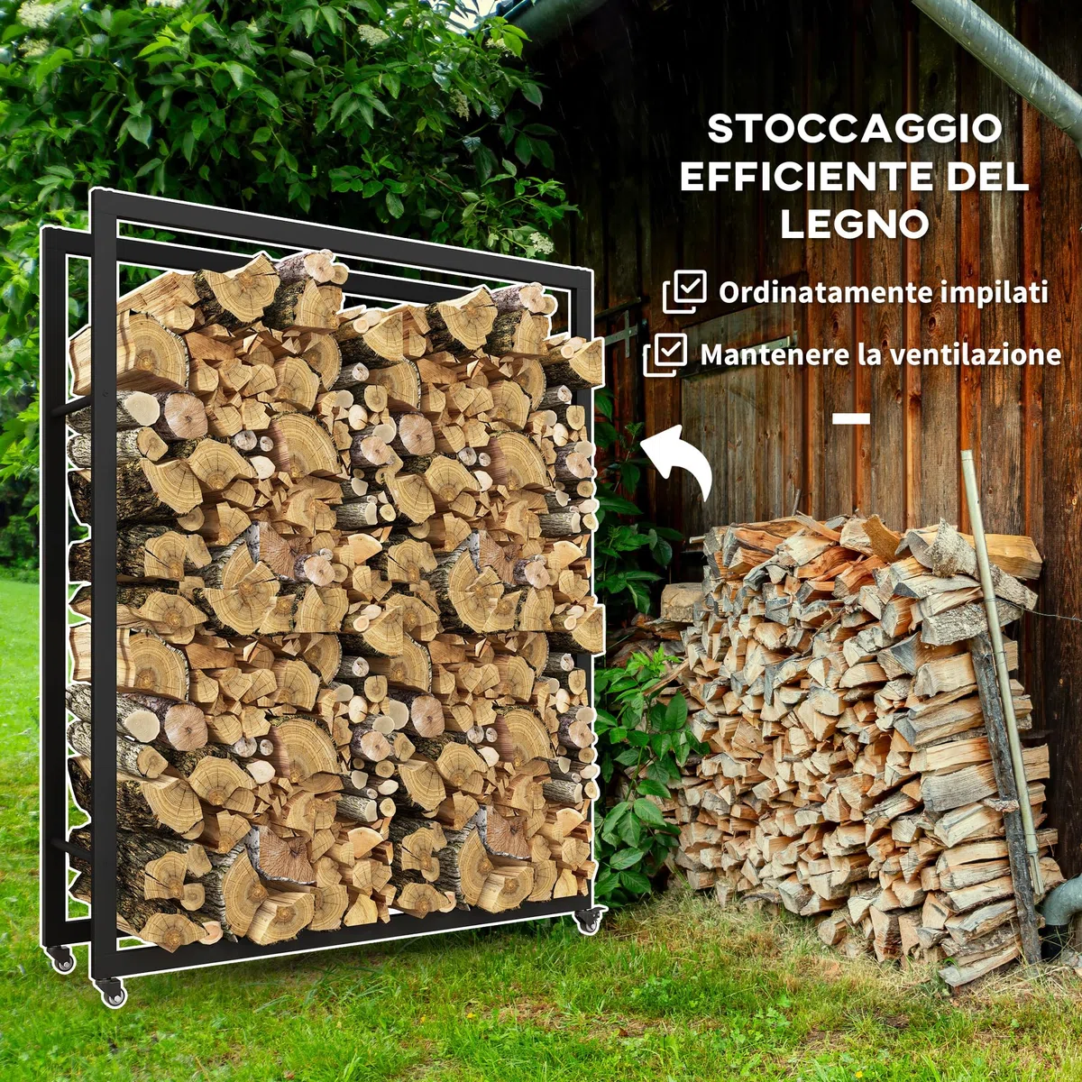 Outsunny Scaffale Portalegna da Esterno e Interno con Ruote, Legnaia in Metallo Rinforzato, 0.43m³, 120x32x151cm, Nero