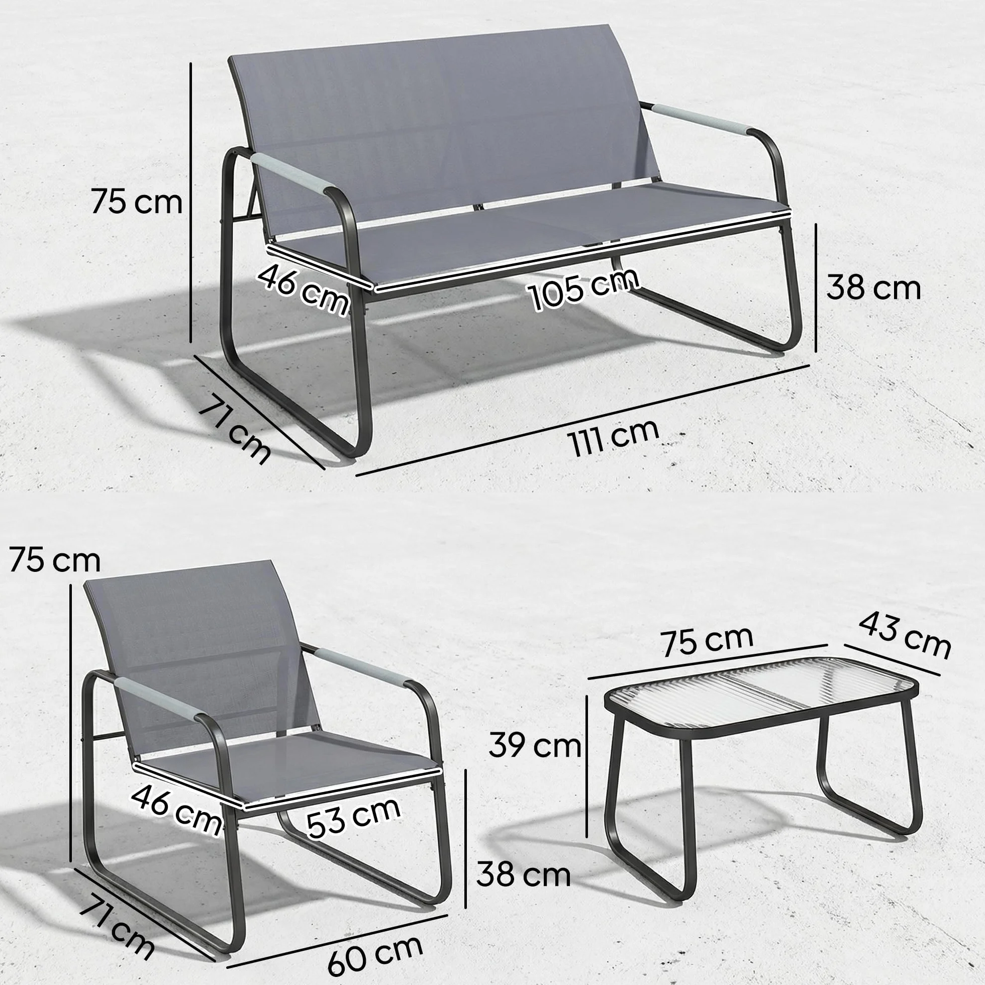 Outsunny Set Salotto da Giardino 4 Pezzi, Mobili da Giardino in Texteline con Tavolo in Vetro Temperato, Acciaio, Grigio