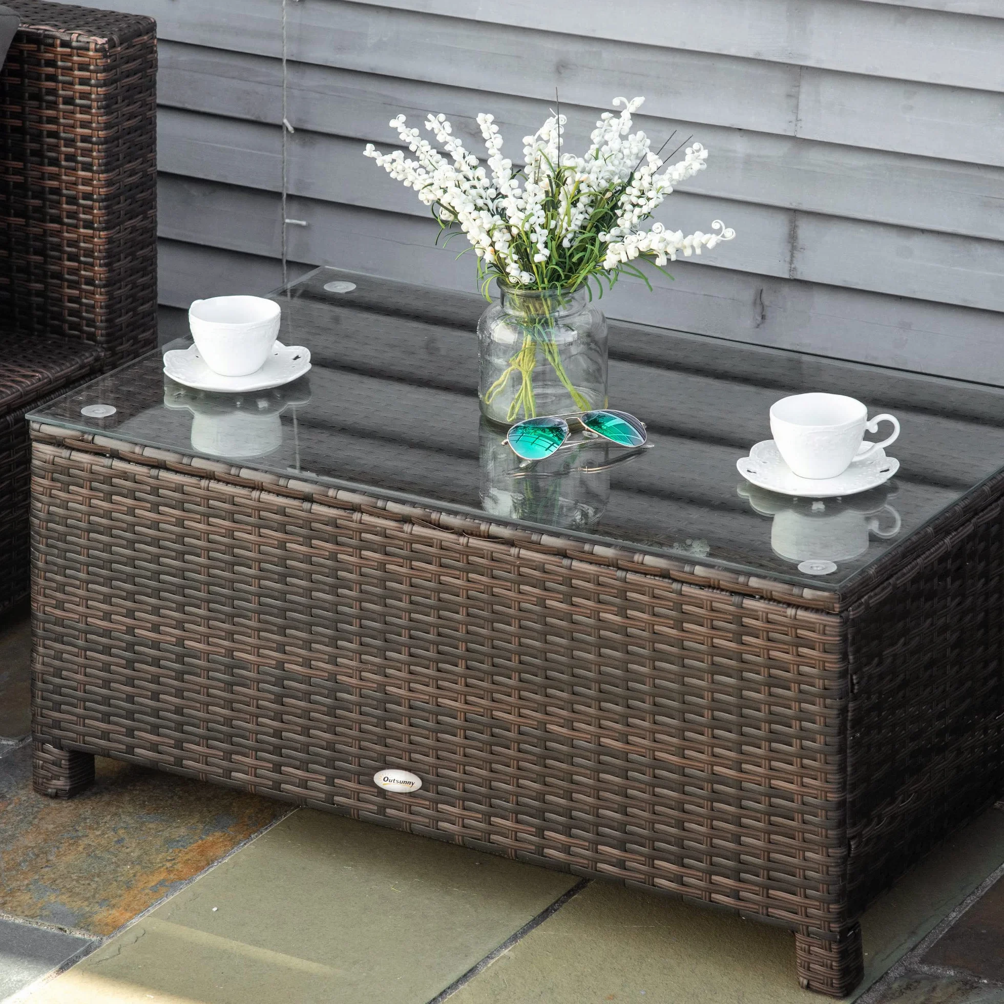 Outsunny Tavolino da Giardino in Vetro Temperato Rettangolare 85 x 50 x 39 cm Marrone