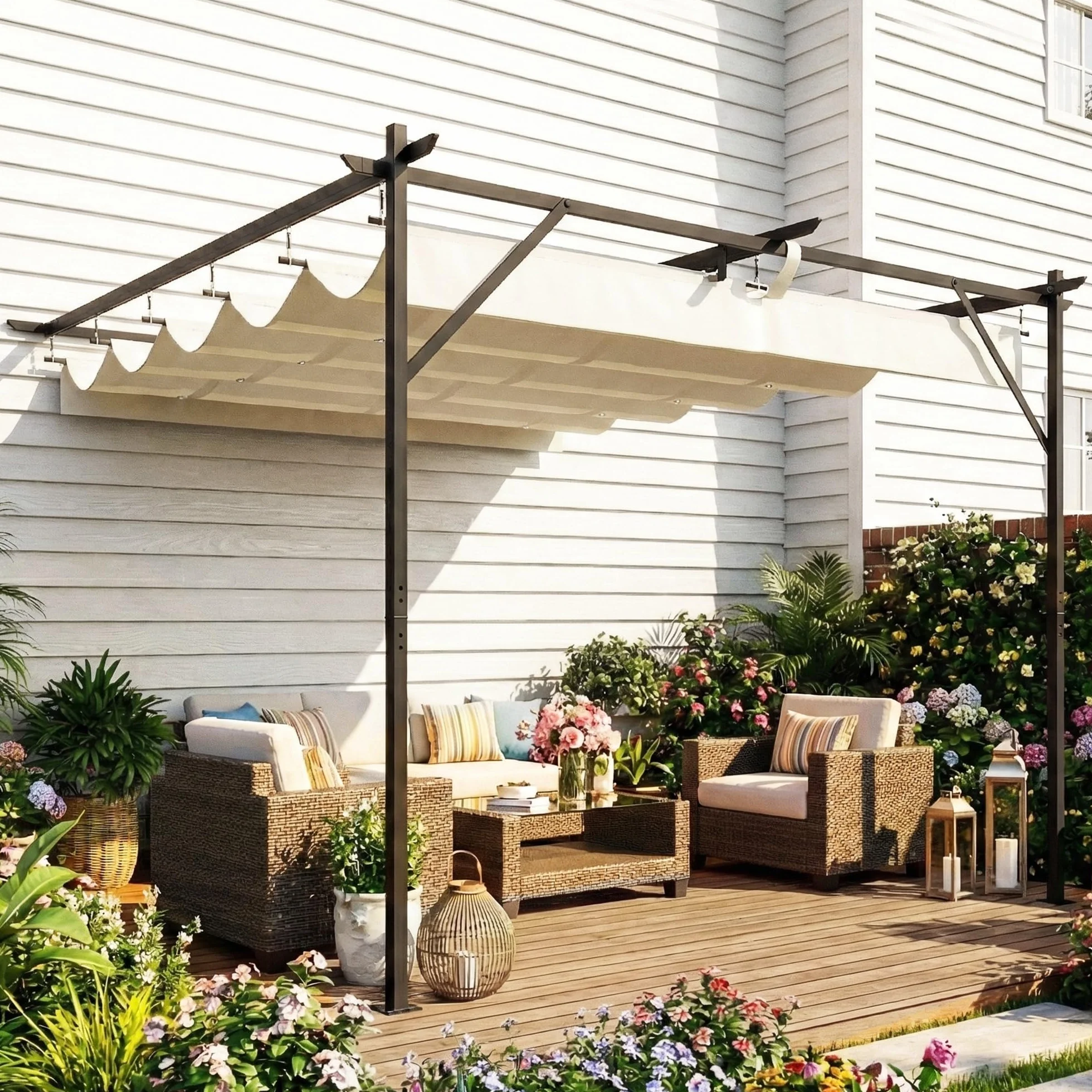 Outsunny Gazebo Pergola Addossata 3x3 m Tetto Retrattile Scorrevole Fori Drenaggio Pergolato Giardino Poliestere Acciaio Patio Terrazzo Esterno UV30+ Bianco Crema