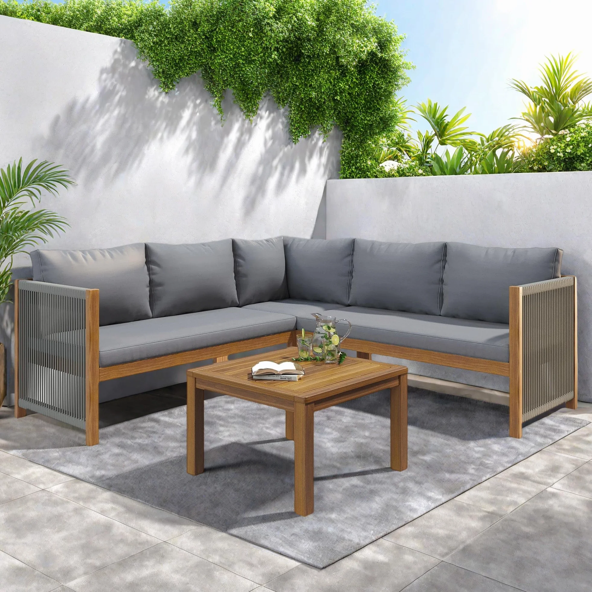Lubvtti Set giardino esterno,divano da esterno + tavolino,mobili da giardino,struttura in acacia, piano in acacia,lavorazione artigianale in corda intrecciata, adatto per il giardino, grigio