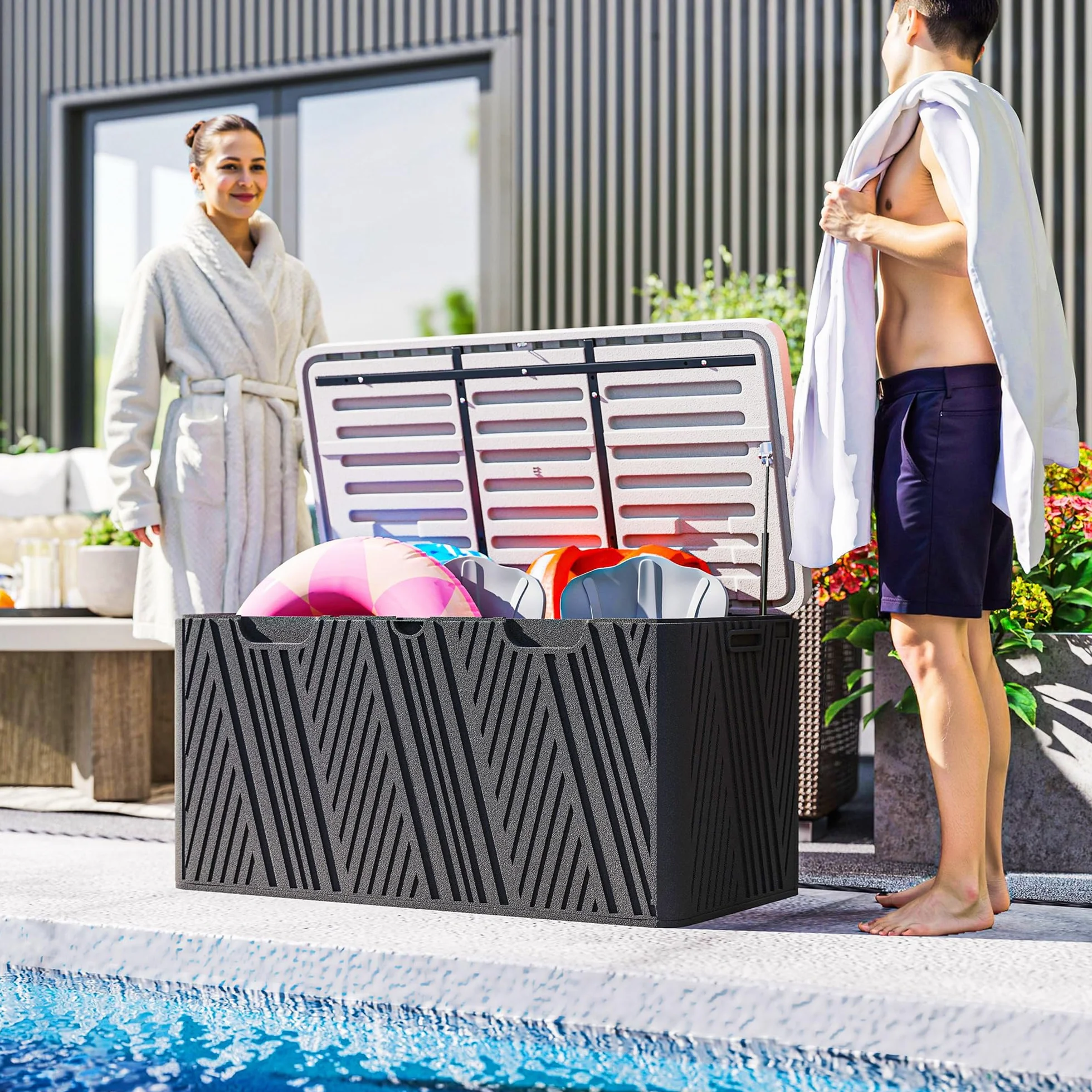Outsunny Baule da Esterno da 380L Impermeabile in HDPE, Cassapanca Contenitore da Esterno con Coperchio a Leva e 2 Maniglie Laterali, Protezione UV, 115x60x60 cm, Nero e Grigio